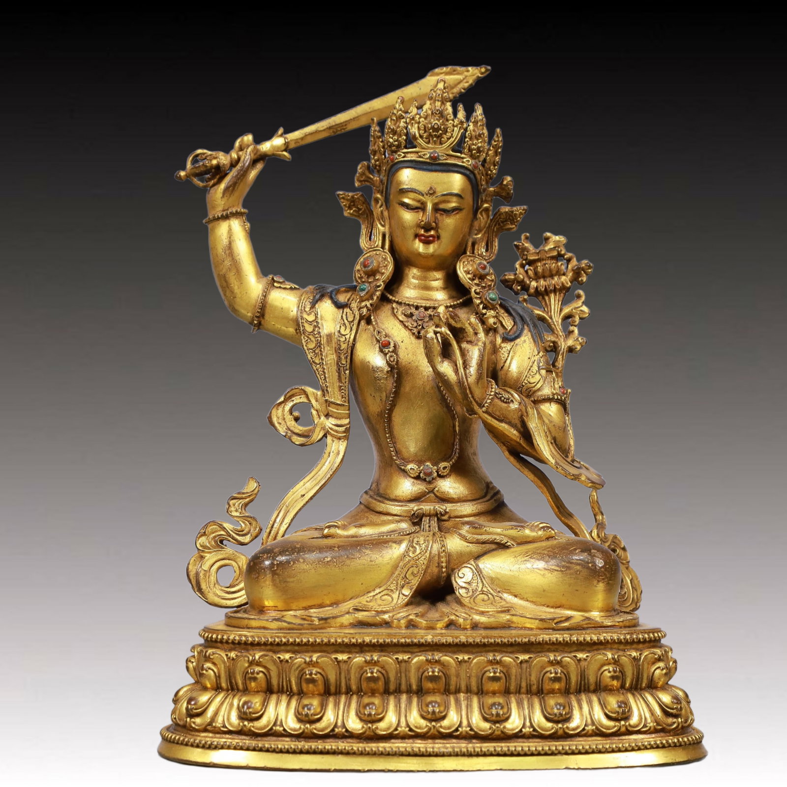 A Solemn Gilt Bronze Statue of Manjusri: A Solemn Gilt Bronze Statue of Manjusri, Qing Dynasty, China, Size:7.1inx4.3inx9.3in, Weight:1950g