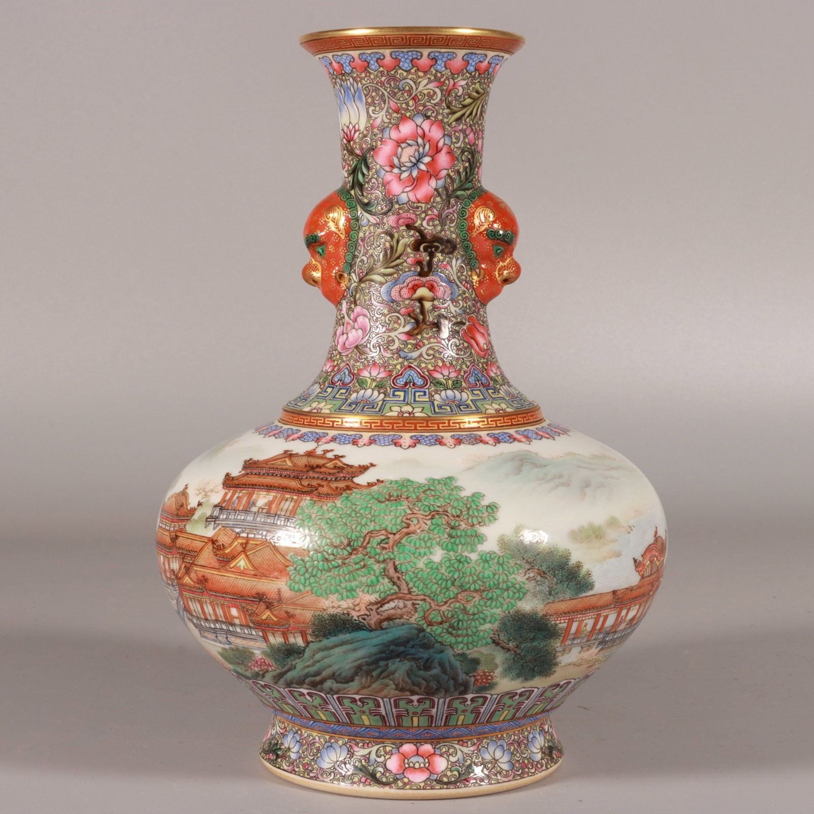 An Exquisite Famille-Rose Painted Gold Landscape Pattern Lion-Ears Vase,with poem: An Exquisite Famille-Rose Painted Gold Landscape Pattern Lion-Ears Vase,with poem,Qing Dynasty,China,Qianlong Six-character Mark,Size:7.6inx5.5in 粉彩描金山水ಬ