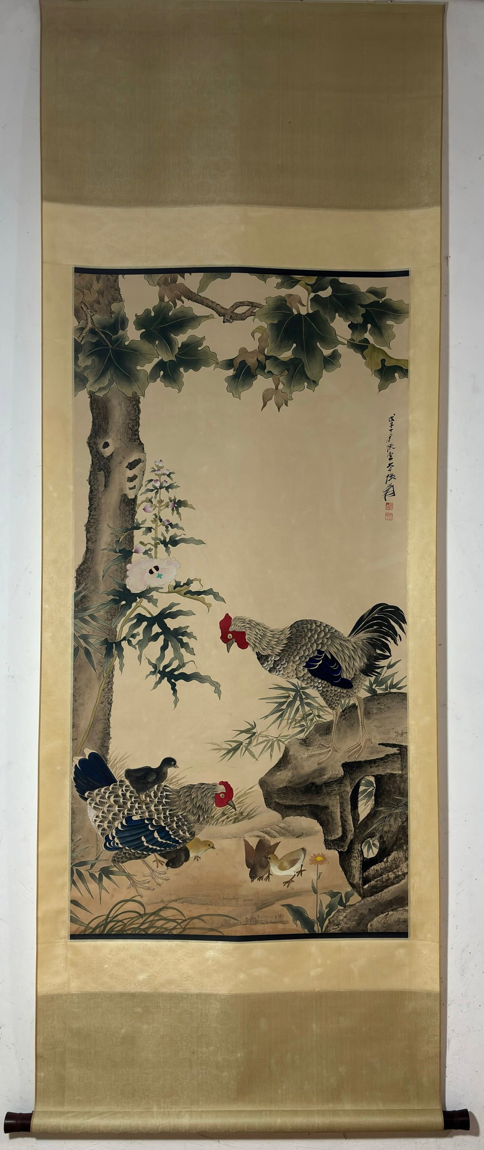 A Chinese Vertical Scroll Ink Painting of Rooster on Paper: A Chinese Vertical Scroll Ink Painting of Rooster on Paper,Zhang Daqian,Size:49.6inx25.6in 一幅中国水墨鸡画立轴,张大千