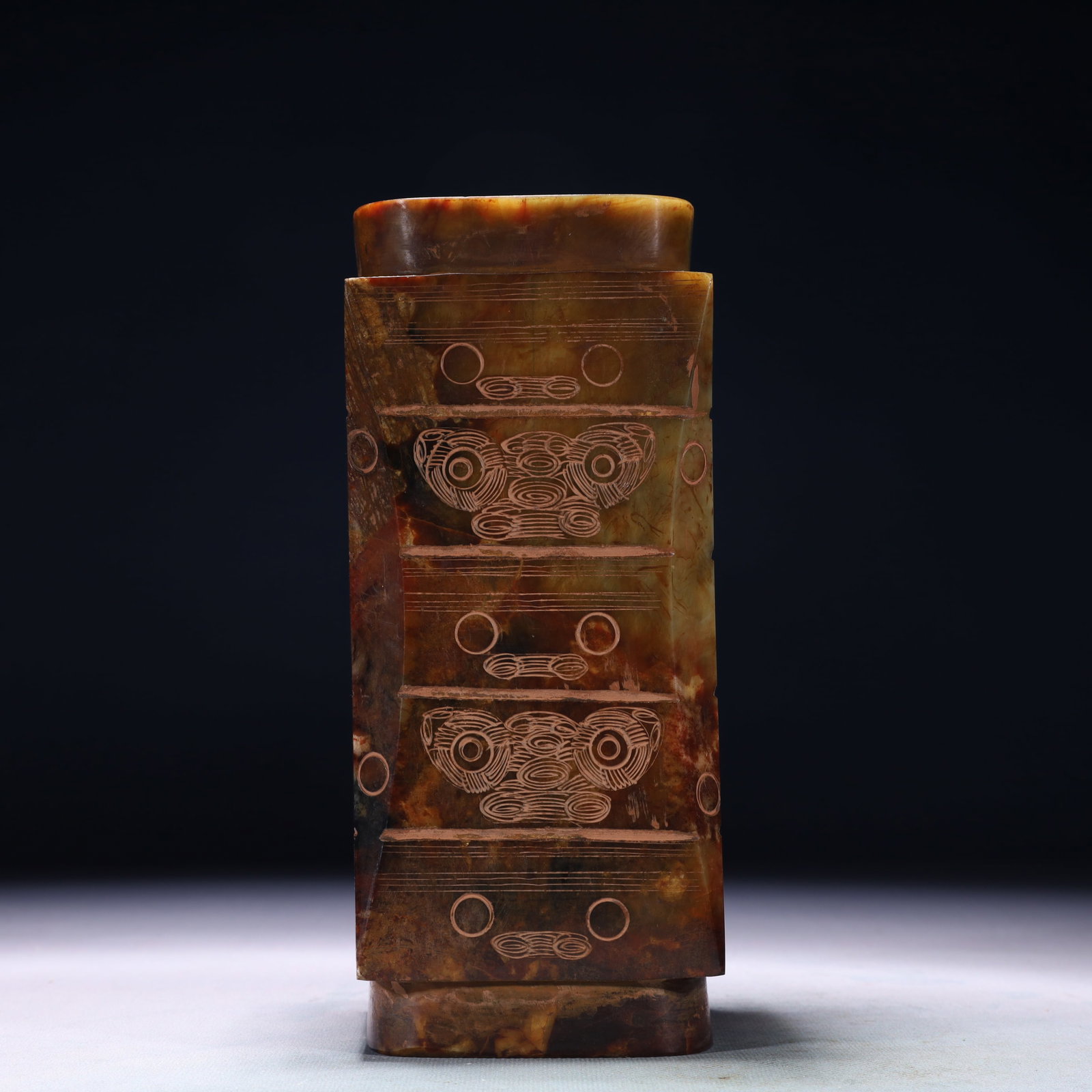 An Exquisite Archaic Jade Beast-Face Pattern Pendant: An Exquisite Archaic Jade Beast-Face Pattern Pendant,Ancient Time,China,Size:3.5inx8.3in,Weight:2900g 高古玉兽面纹挂件,中国远古&
