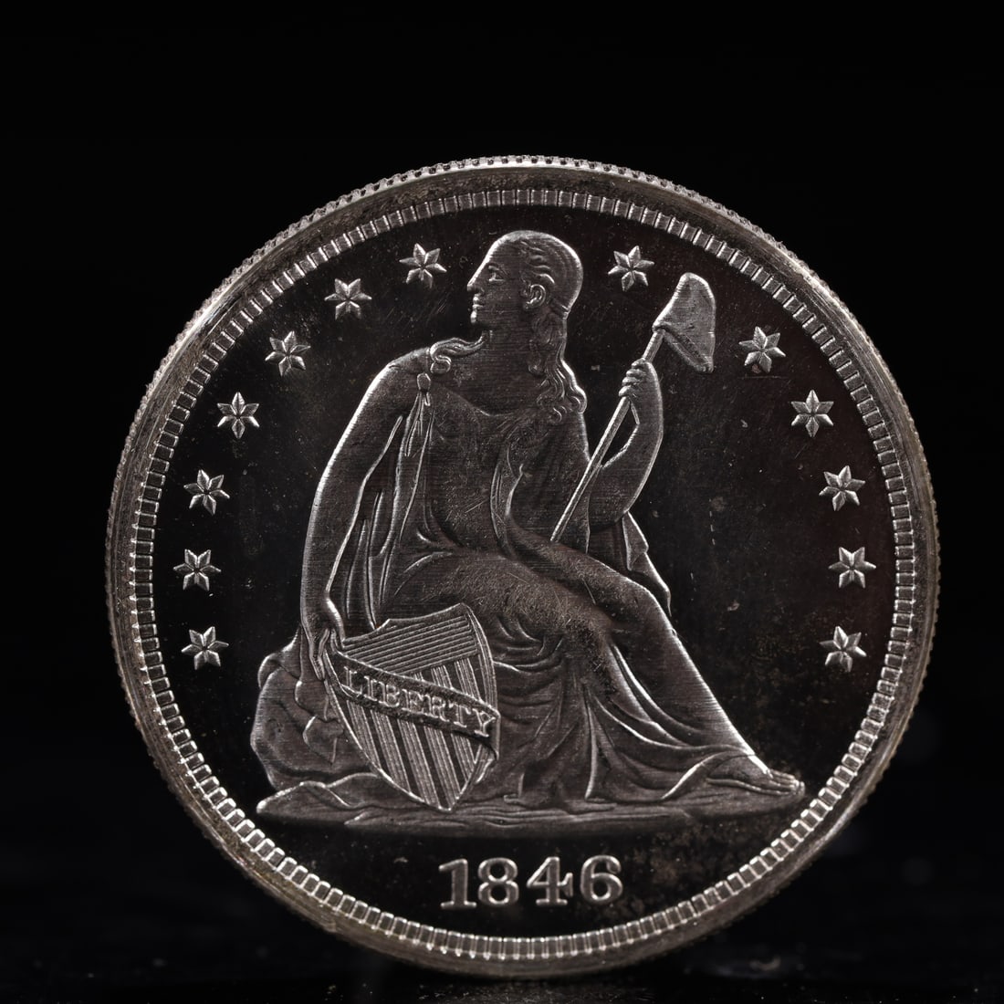 USA One Dollar 1846 Coin: American coin. IN GOD WE TRUST / LIBERTY / 1846 / UNITED STATES OF AMERICA / ONE DOL. Mint Mark: O.Weight:26.9g.