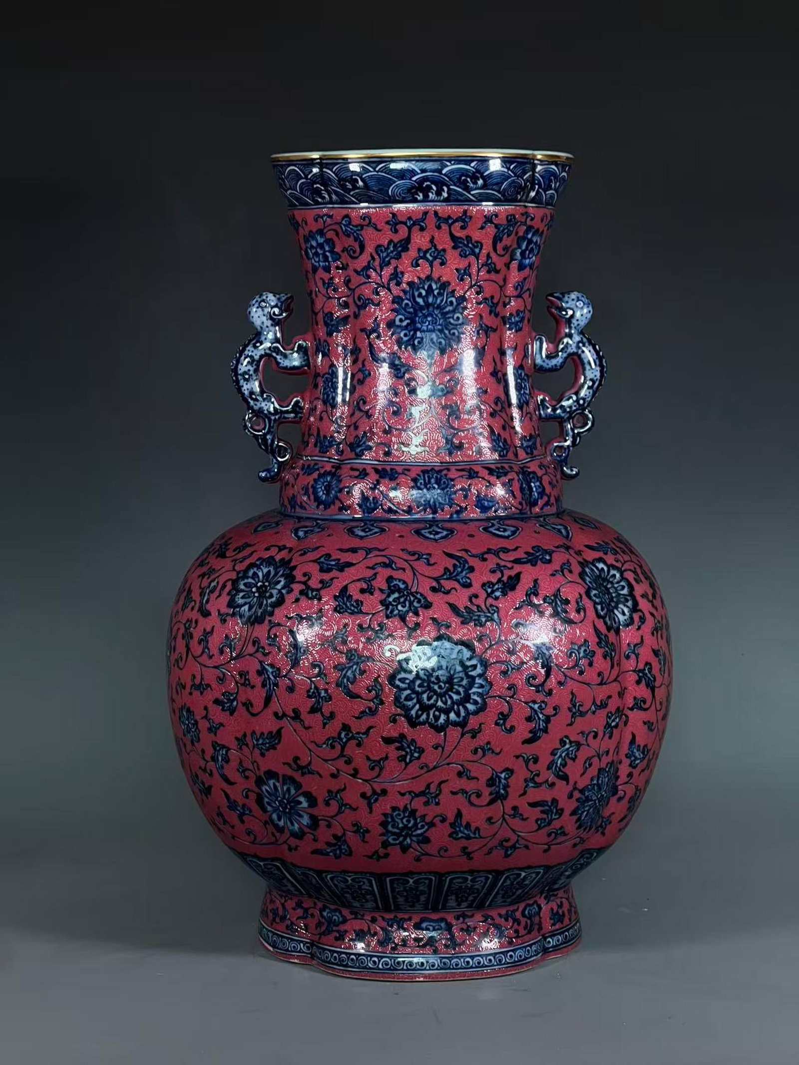 A Huge Ruby Red-Glazed Blue and White Lotus Pattern Double-Ears Vase: A Huge Ruby Red-Glazed Blue and White Lotus Pattern Double-Ears Vase,Qing Dynasty,China,Qianlong Six-character Mark,Size:18.8inx7.7in 胭脂红青花缠枝莲&#