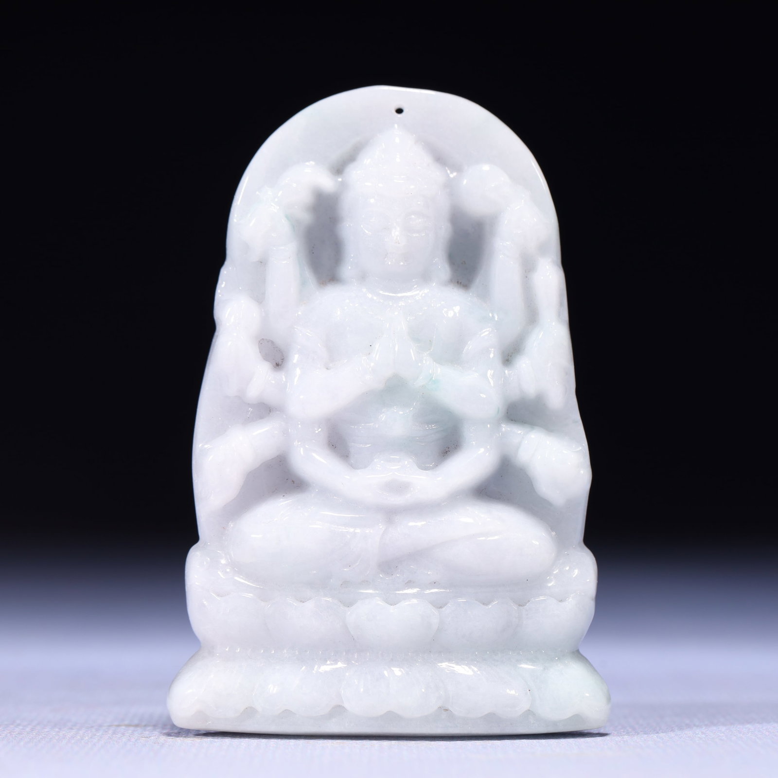 An Exquisite Jadeite Statue of Thousand-hand Guanyin Pendant: An Exquisite Jadeite Statue of Thousand-hand Guanyin Pendant,Qing Dynasty,China,Size:2inx0.4inx3in,Weight:96g