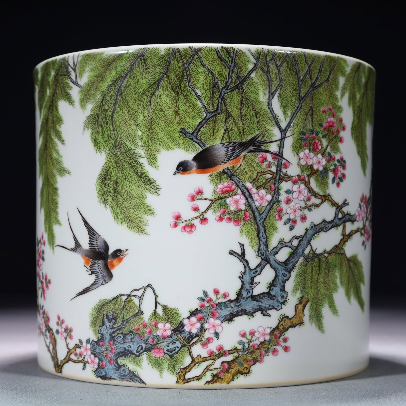 An Exquisite Enamel Flower and Bird Pattern Brush Pot,with poem: An Exquisite Enamel Flower and Bird Pattern Brush Pot,with poem,Qing Dynasty,China,Yongzheng Six-character Mark,Size:7.5inx6.3in,Weight:2400g