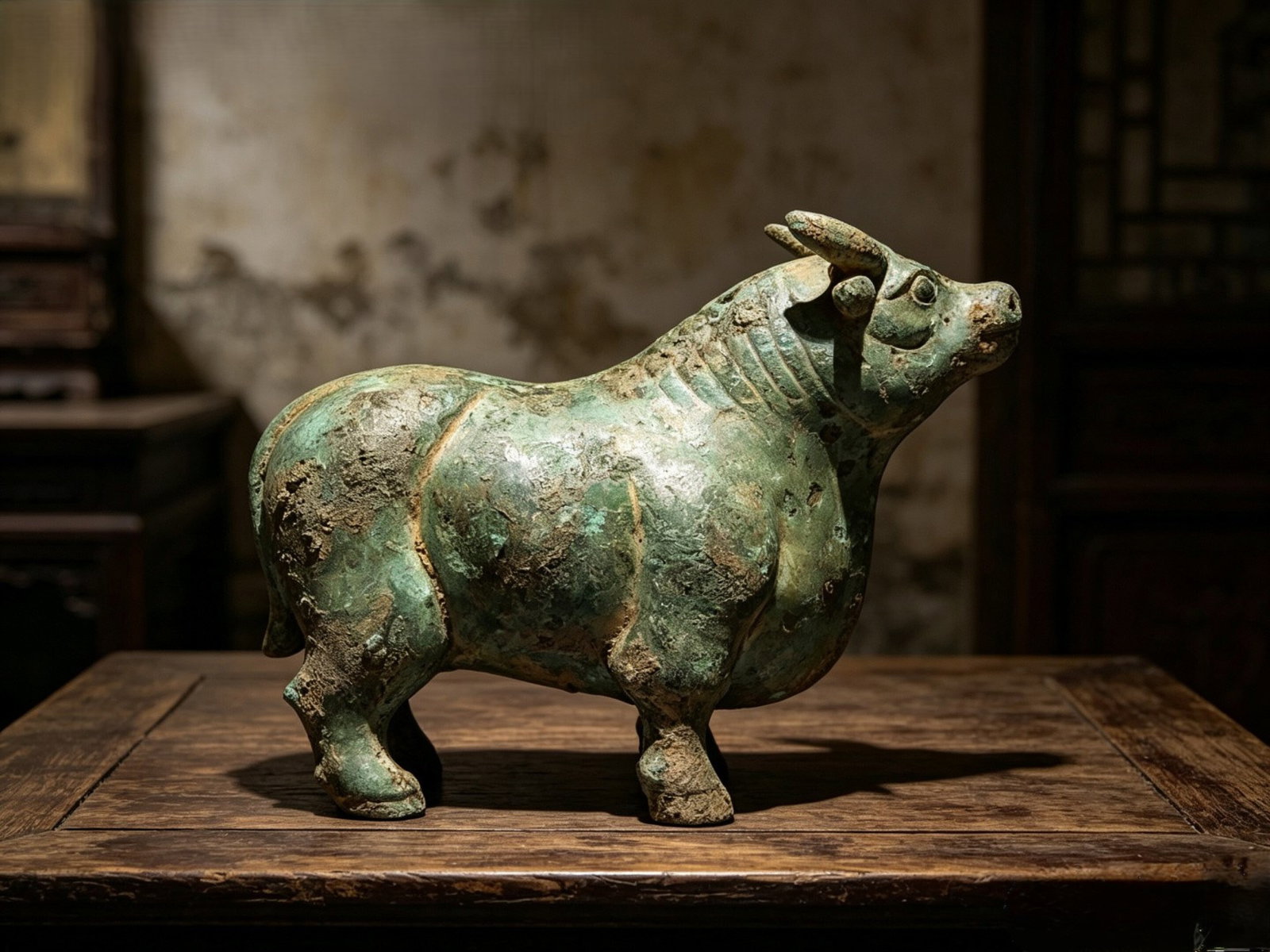 An Archaic Bronze Buffalo Ornament: An Archaic Bronze Buffalo Ornament,Han Dynasty,China,Size:5.1inx6.7inx2.6in 青铜牛摆件,中国汉代