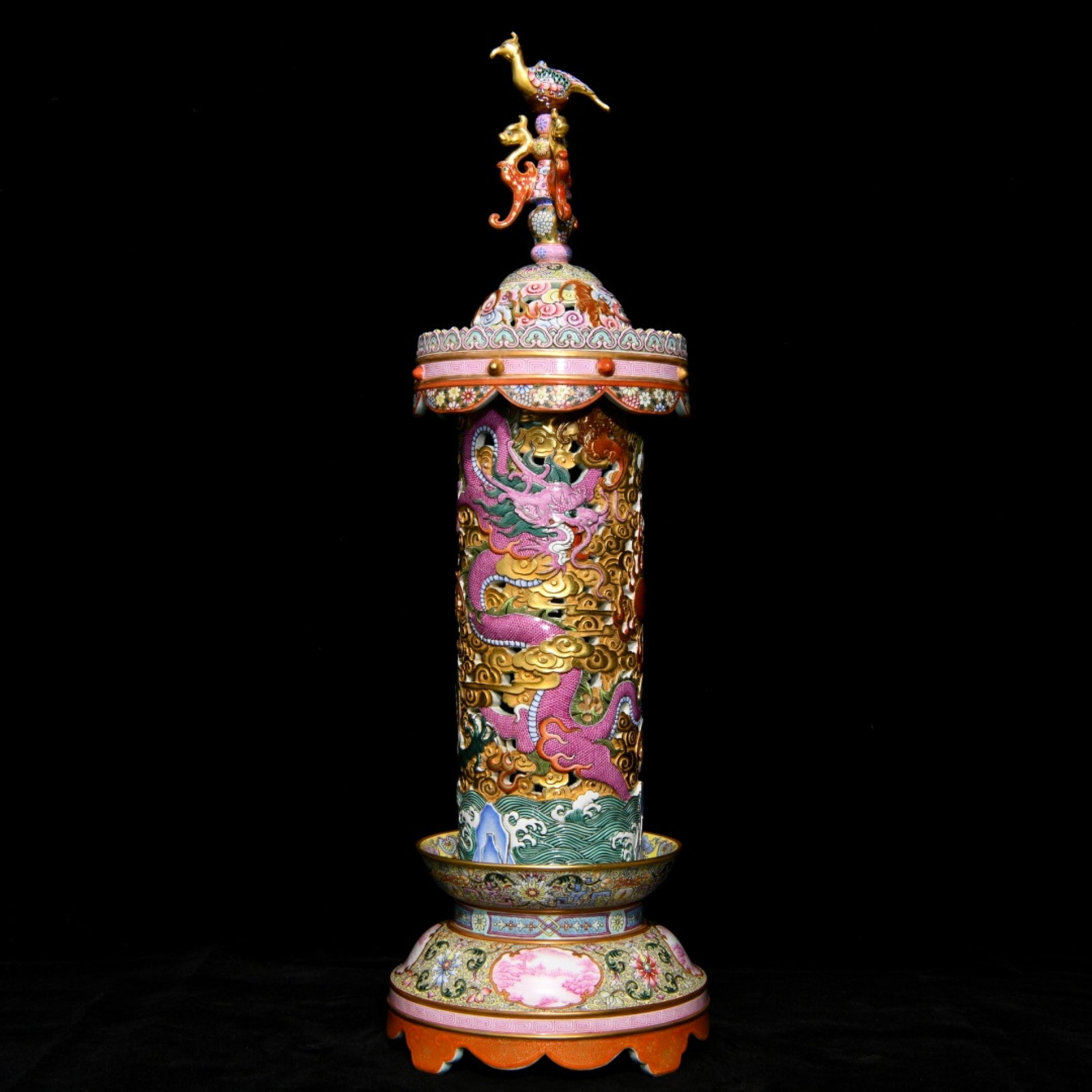 A Huge Famille-Rose Gilt Auspicious Cloud and Dragon Pattern Censer,with an Imperial Poem by Emperor: A Huge Famille-Rose Gilt Auspicious Cloud and Dragon Pattern Censer,with an Imperial Poem by Emperor Qianlong,Qing Dynasty,China,Qianlong Four-character Mark,Size:22.2inx6.9in
