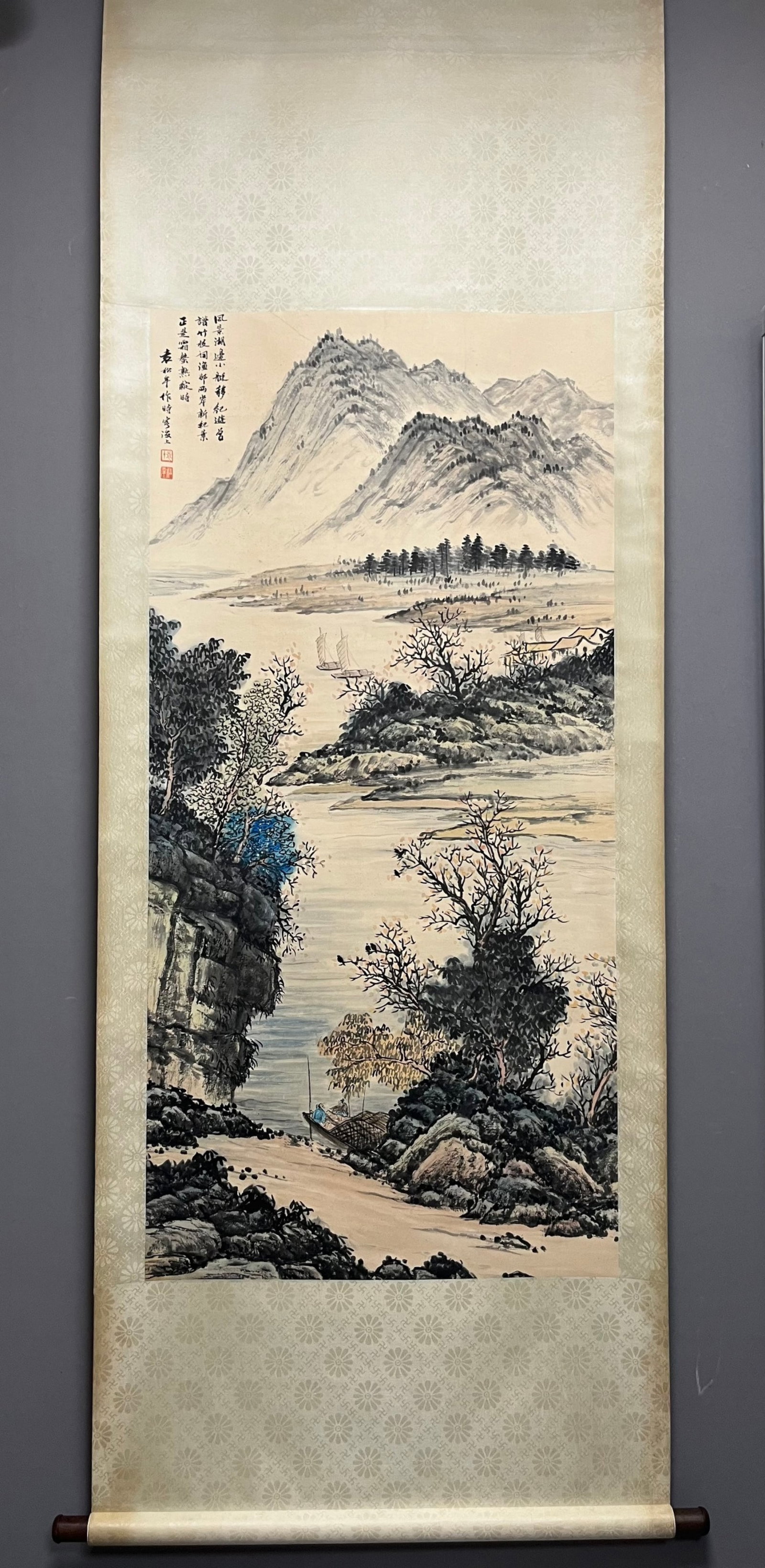A Chinese Vertical Scroll Ink Painting of Landscape on Paper: A Chinese Vertical Scroll Ink Painting of Landscape on Paper,Yuan Songnian,Size:54.3inx27.2in