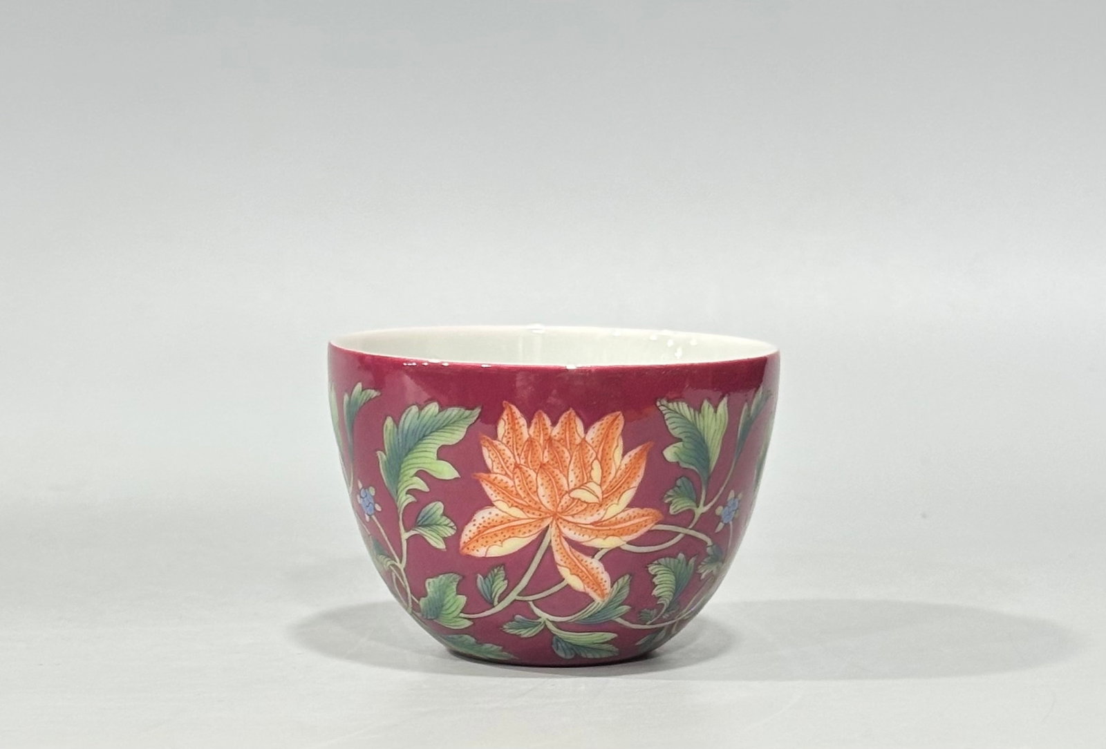 An Exquisite Ruby Red-Glazed Enamel Flower Pattern Cup: An Exquisite Ruby Red-Glazed Enamel Flower Pattern Cup,Qing Dynasty,China,Yongzheng Four-character Mark,Size:2inx2.8in 胭脂红珐琅彩花卉纹杯&