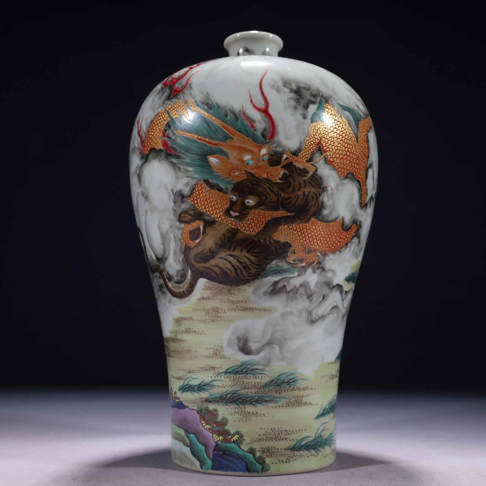 An Exquisite Ink Color Famille-Rose Auspicious Cloud and Dragon Pattern Vase,with poem: An Exquisite Ink Color Famille-Rose Auspicious Cloud and Dragon Pattern Vase,with poem,Qing Dynasty,China,Yongzheng Six-character Mark,Size:6.3inx13in,Weight:2350g