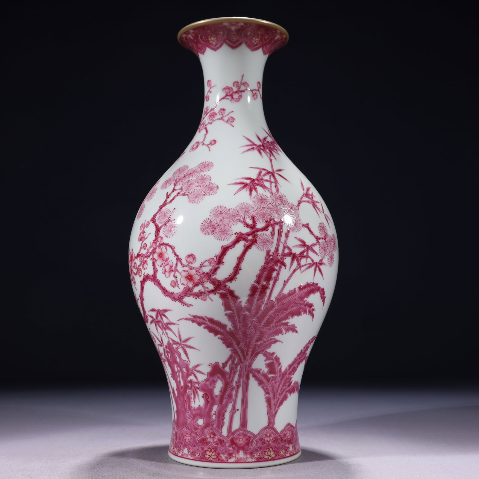 An Exquisite Ruby Red-Glazed Pine,Bamboo and Plum Blossom Pattern Vase: An Exquisite Ruby Red-Glazed Pine,Bamboo and Plum Blossom Pattern Vase,Qing Dynasty,China,Qianlong Six-character Mark,Size:6.3inx14.6in,Weight:1900g 胭脂红松竹梅