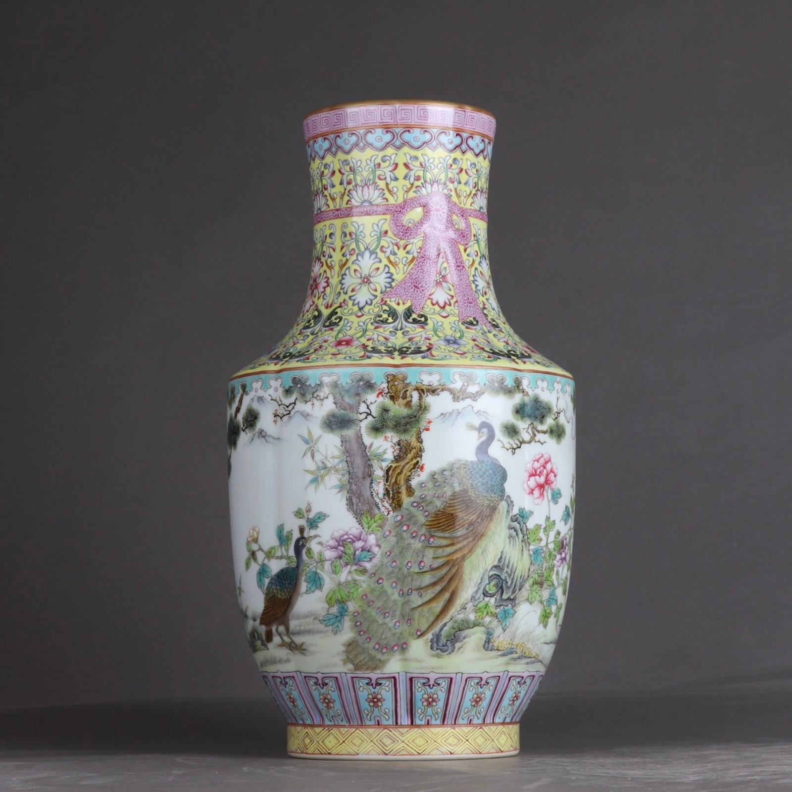 A Rare Enamel Flower and Peacock Pattern Vase,with poem: A Rare Enamel Flower and Peacock Pattern Vase,with poem,Qing Dynasty,China,Yongzheng Six-character Mark,Size:12.7inx7.1in 珐琅彩花卉孔雀纹瓶,ñ