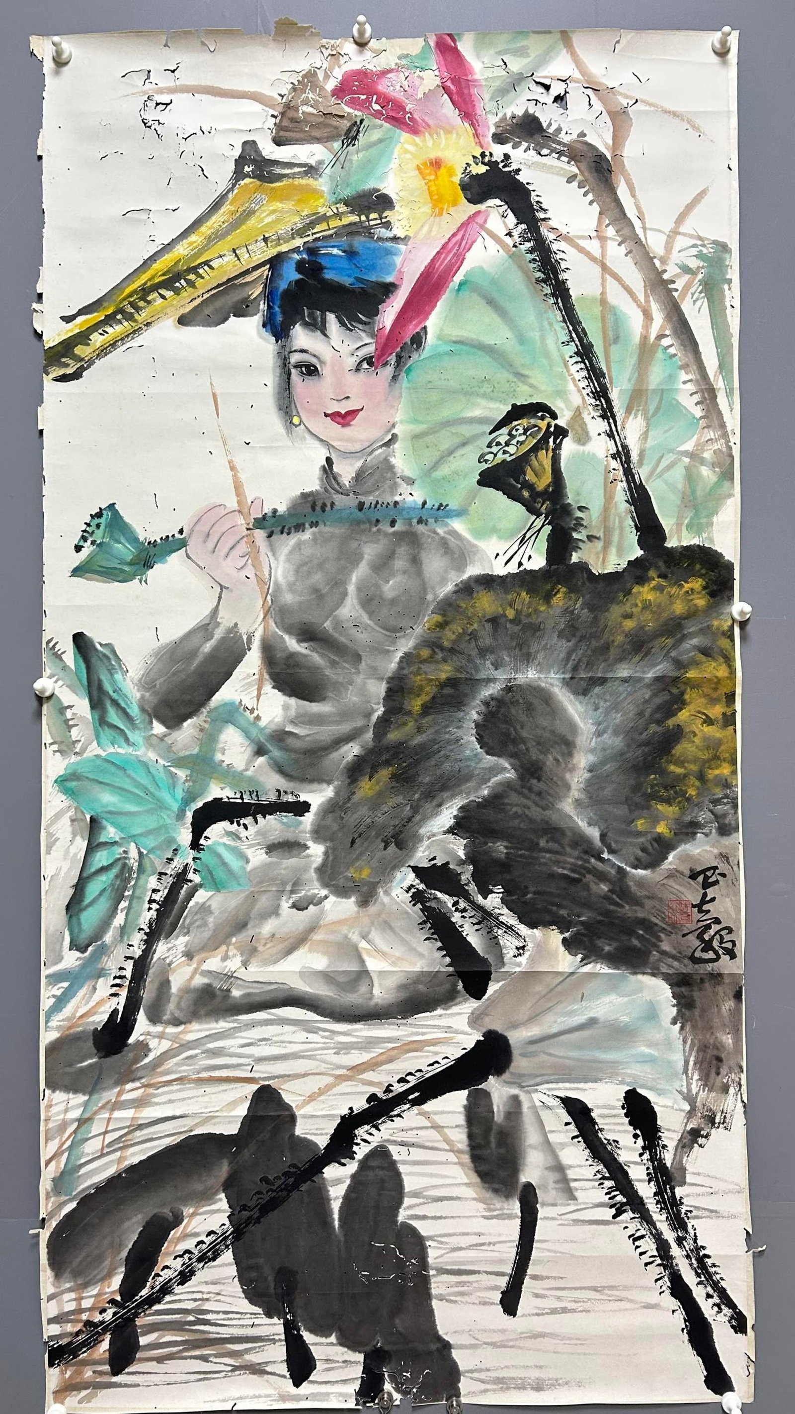 A Chinese Ink Painting of Figure on Paper: A Chinese Ink Painting of Figure on Paper,Zhou Changgu,Size:54.7inx27.6in 一幅中国水墨人物画,周昌谷