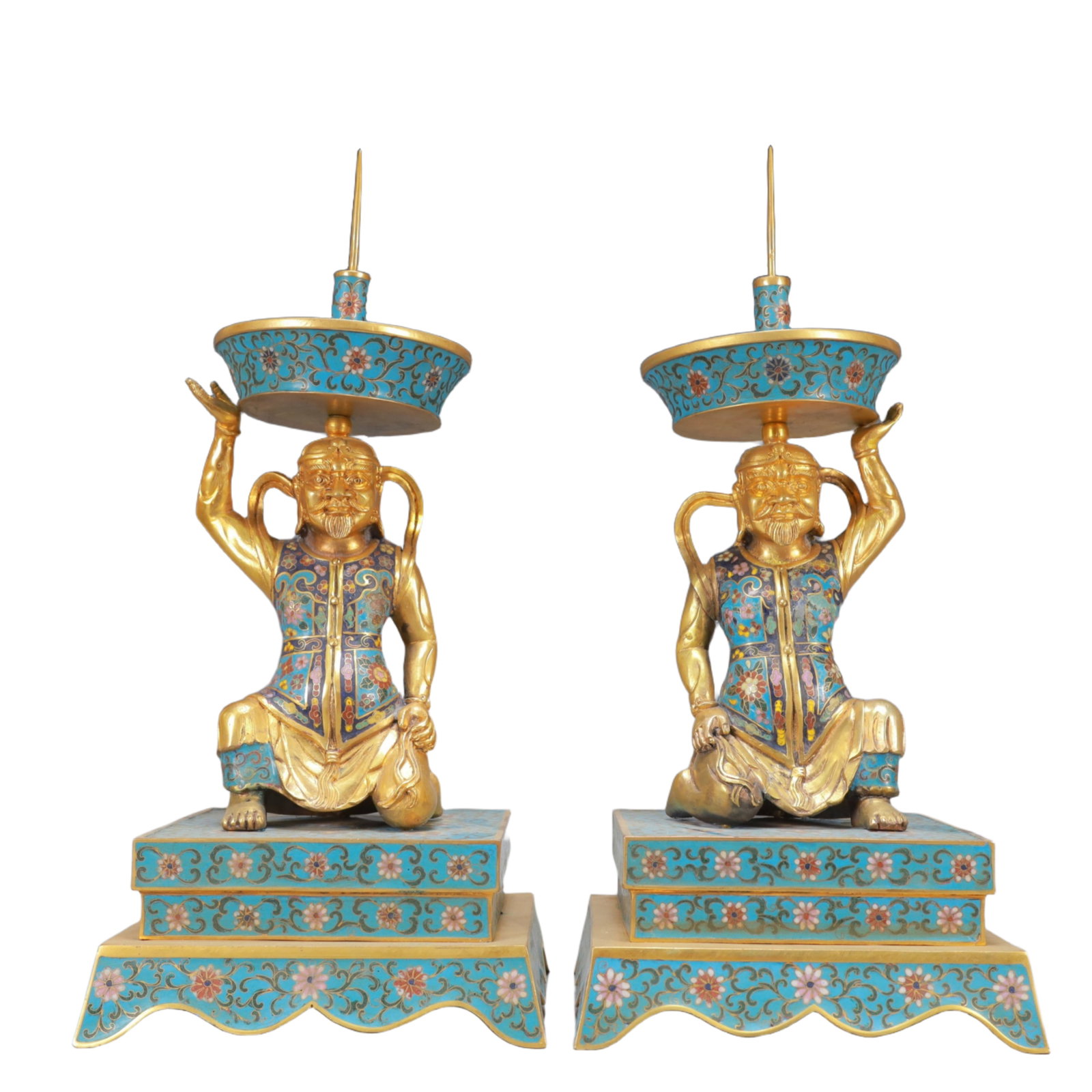 A Exquisite A pair of Cloisonne Lotus Pattern Figures Candlestick: A Exquisite A pair of Cloisonne Lotus Pattern Figures Candlestick Qing Dynasty, China ,Size:8.1inx8.1inx16.7in Weight:6600g