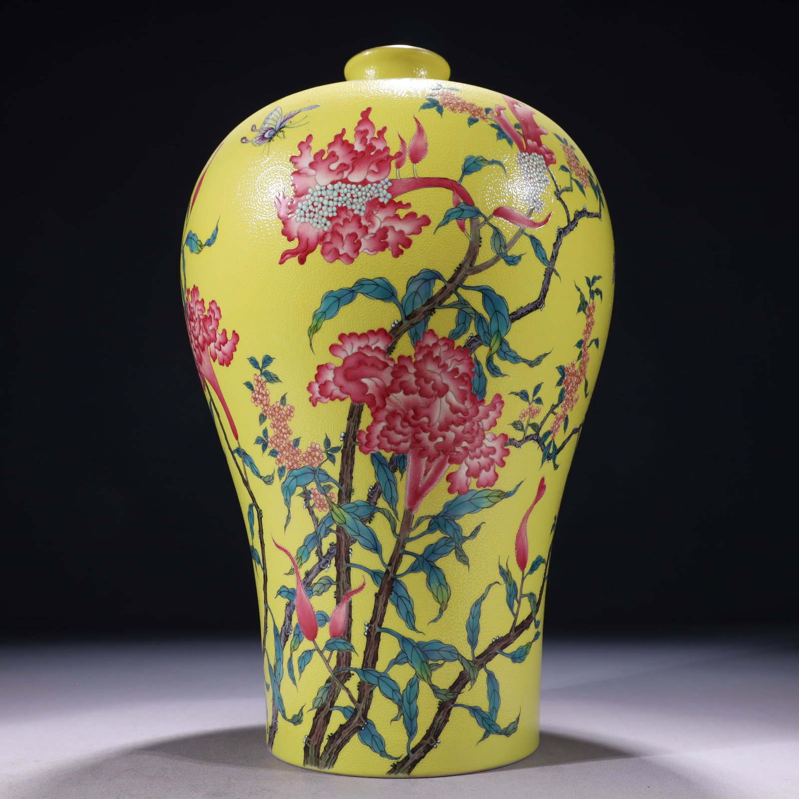 An Exquisite Yellow Ground Famille-Rose Painted Gold Flower and Bird Pattern Vase,with poem: An Exquisite Yellow Ground Famille-Rose Painted Gold Flower and Bird Pattern Vase,with poem,Qing Dynasty,China,Yongzheng Six-character Mark,Size:8.7inx15.7in,Weight:3850g