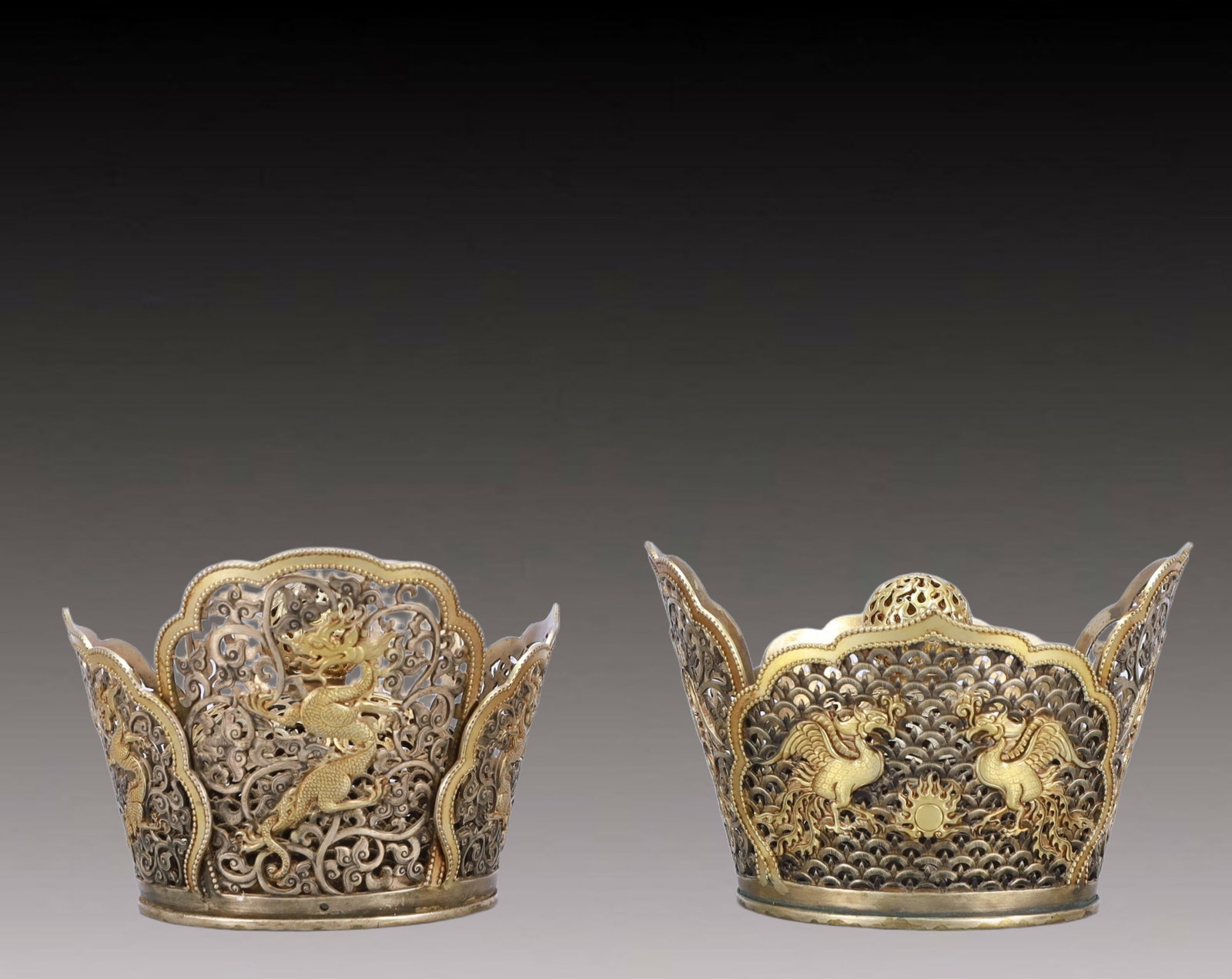 A Pair of Rare Gilt Silver Dragon and Phoenix Pattern Coronets: A Pair of Rare Gilt Silver Dragon and Phoenix Pattern Coronets,Tang Dynasty, China,Size:6.5inx5.9inx4.3in,Weight:1200g 一对银鎏金龙凤纹帽冠,