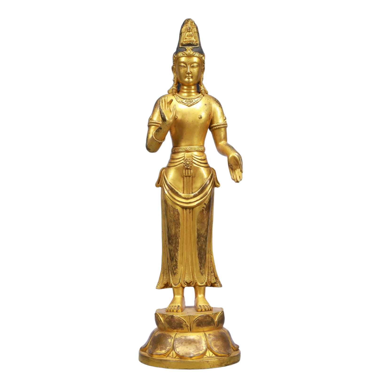 A Solemn Gilt Bronze Statue of Avalokitesvara: A Solemn Gilt Bronze Statue of Avalokitesvara,Qing Dynasty, China,Size:4.3inx15in,Weight:2700g 铜鎏金观音像,中国清代