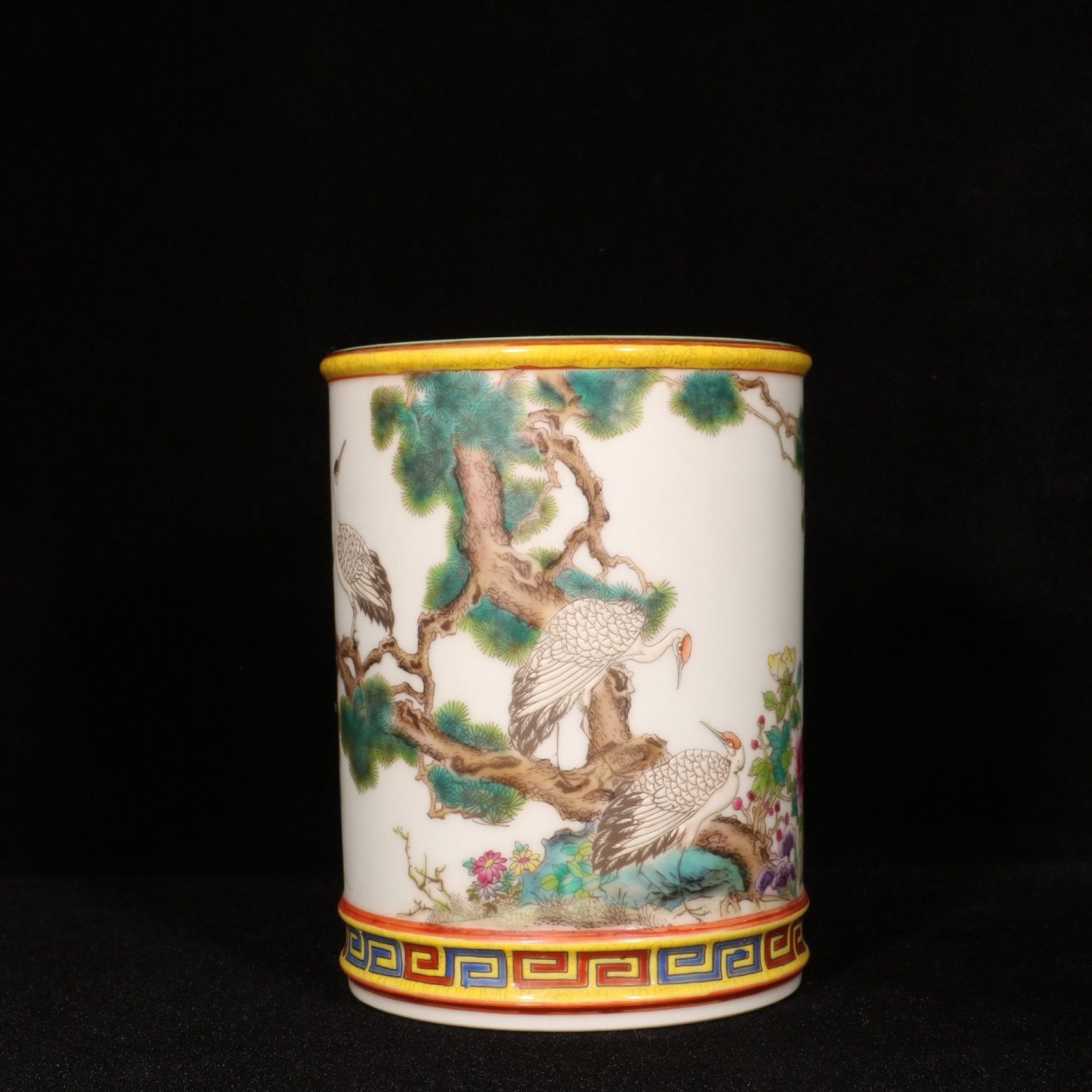 An Exquisite Famille-Rose Pine and Crane Pattern Brush Pot: An Exquisite Famille-Rose Pine and Crane Pattern Brush Pot,Qing Dynasty,China,Yongzheng Six-character Mark,Size:5.1inx3.7in