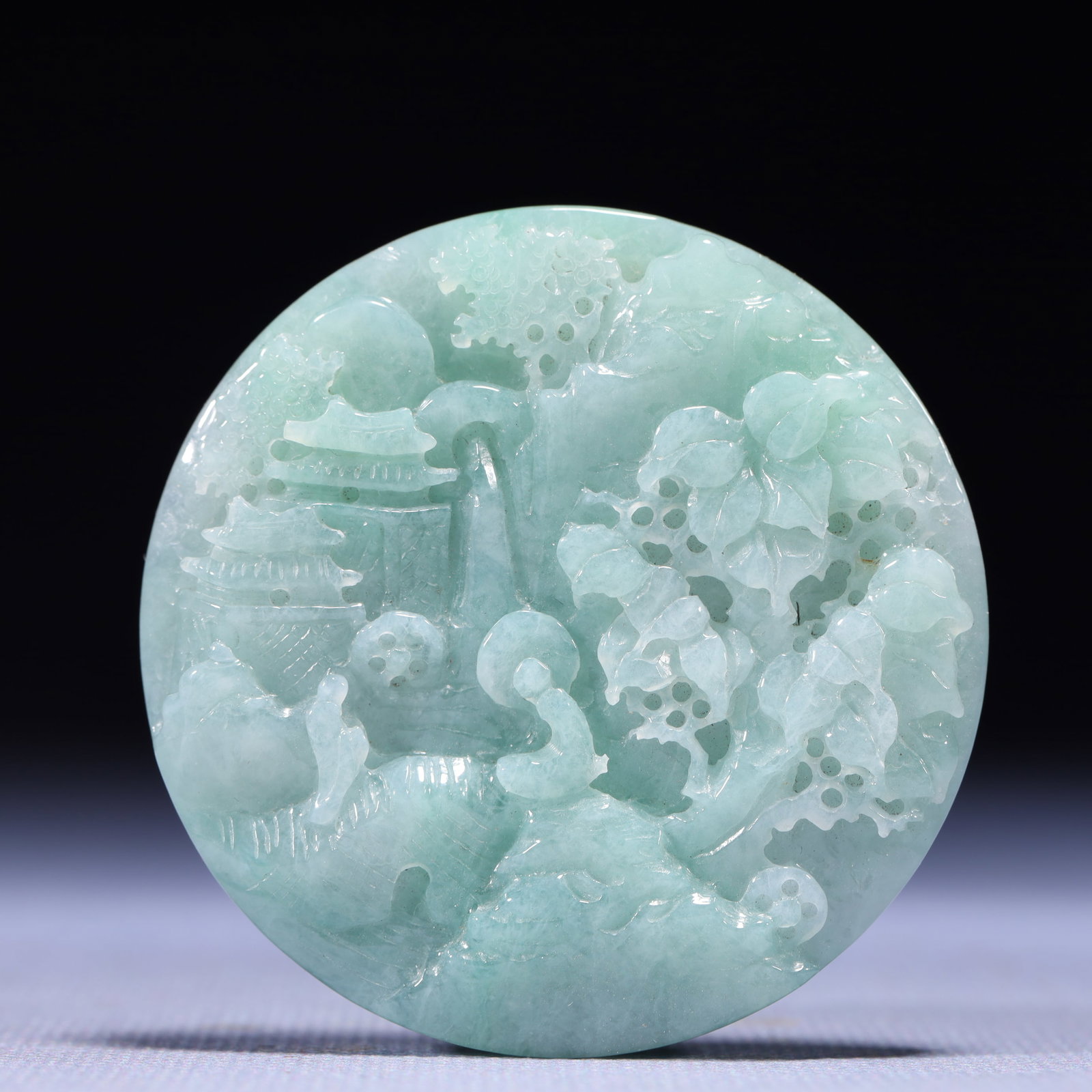 An Exquisite Jadeite Landscape and Figure Pattern Pendant: An Exquisite Jadeite Landscape and Figure Pattern Pendant,Qing Dynasty,China,Size:0.2inx2.2in,Weight:50g