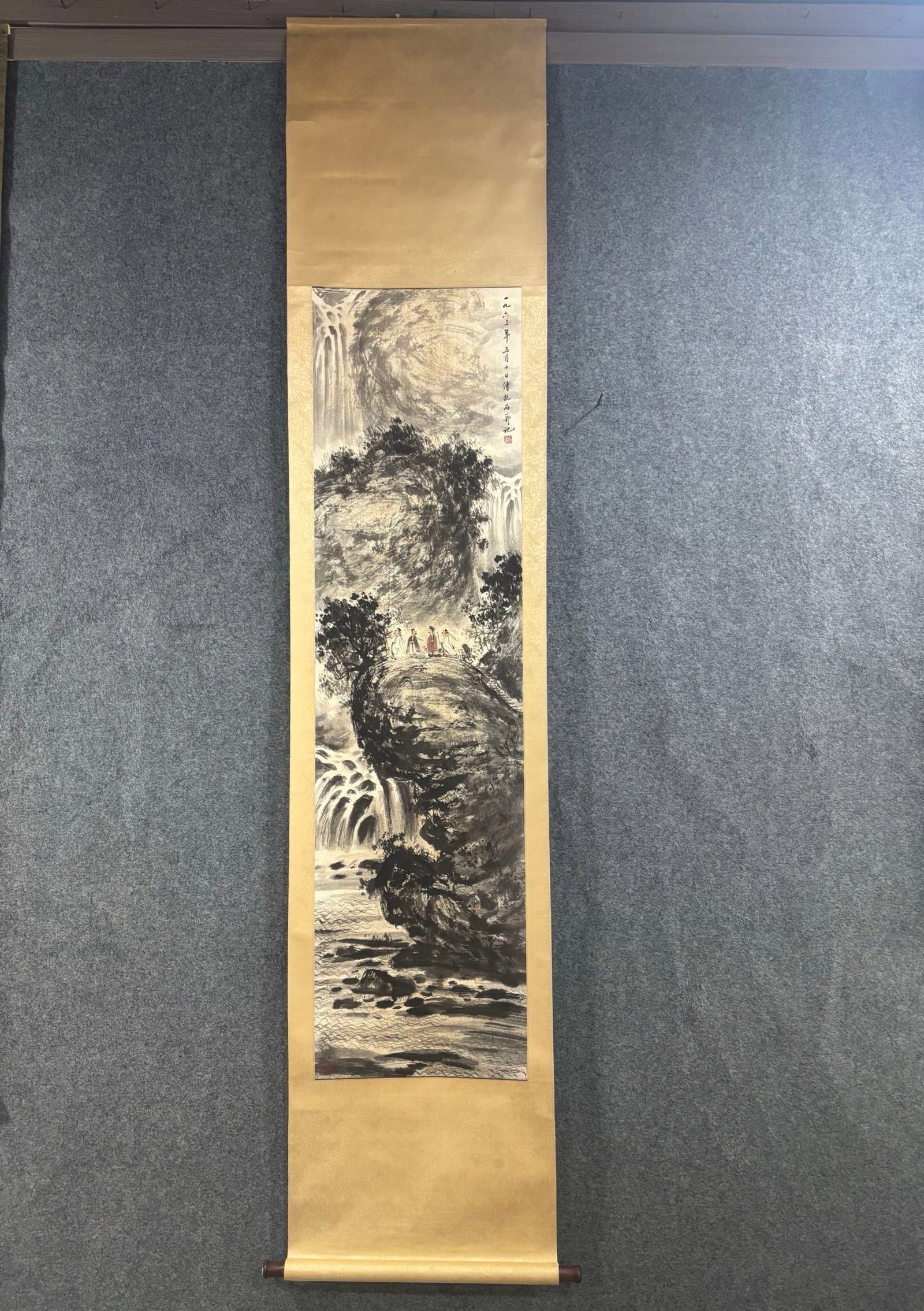 A Chinese Vertical Scroll Ink Painting of Landscape and Figure on Paper: A Chinese Vertical Scroll Ink Painting of Landscape and Figure on Paper,Fu Baoshi,Size:65.4inx17.3in 一幅中国水墨山水人物画立
