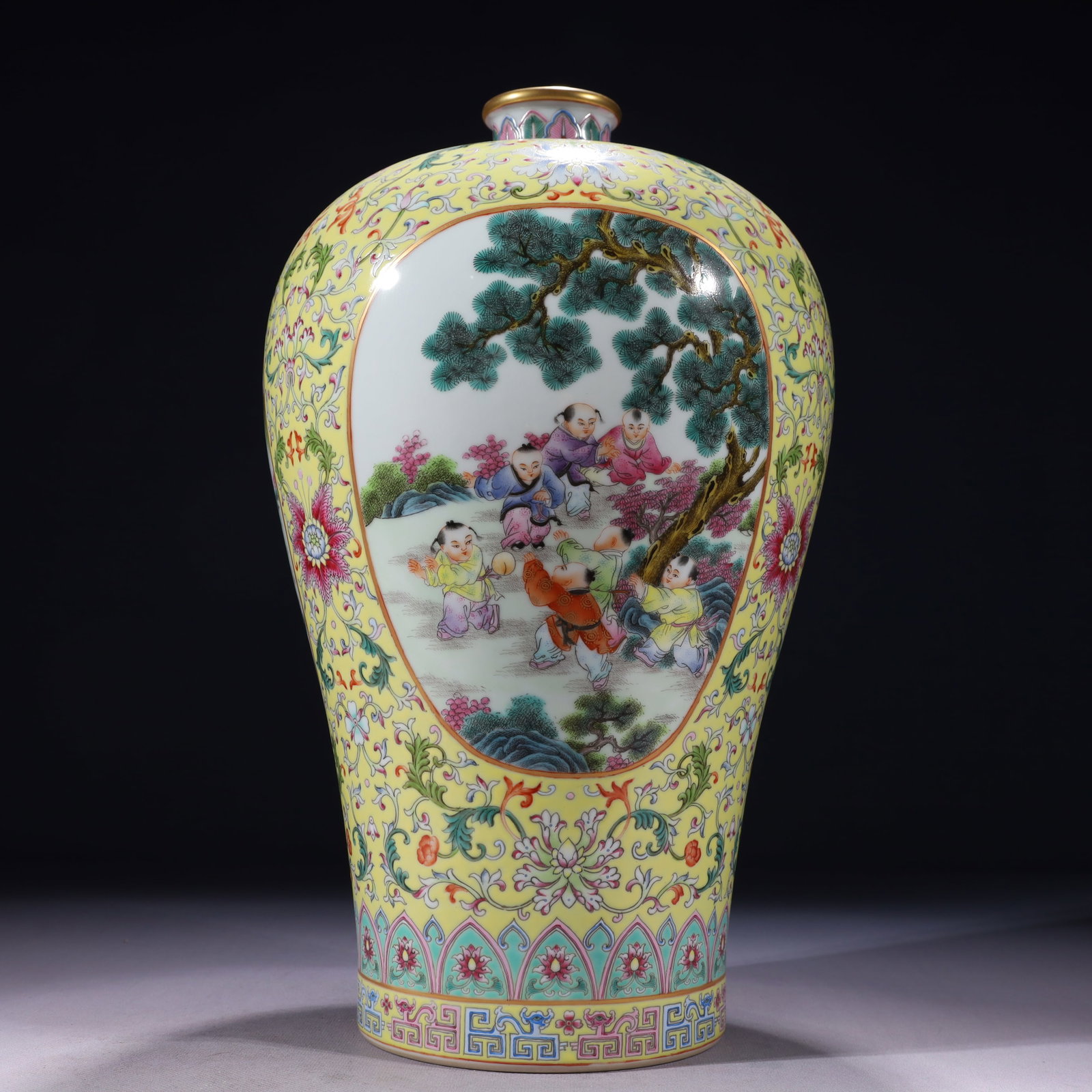 An Exquisite Yellow Ground Enamel Painted Gold Character and Story Pattern Vase: An Exquisite Yellow Ground Enamel Painted Gold Character and Story Pattern Vase,Qing Dynasty,China,Yongzheng Six-character Mark,Size:8.3inx15.7in,Weight:3900g