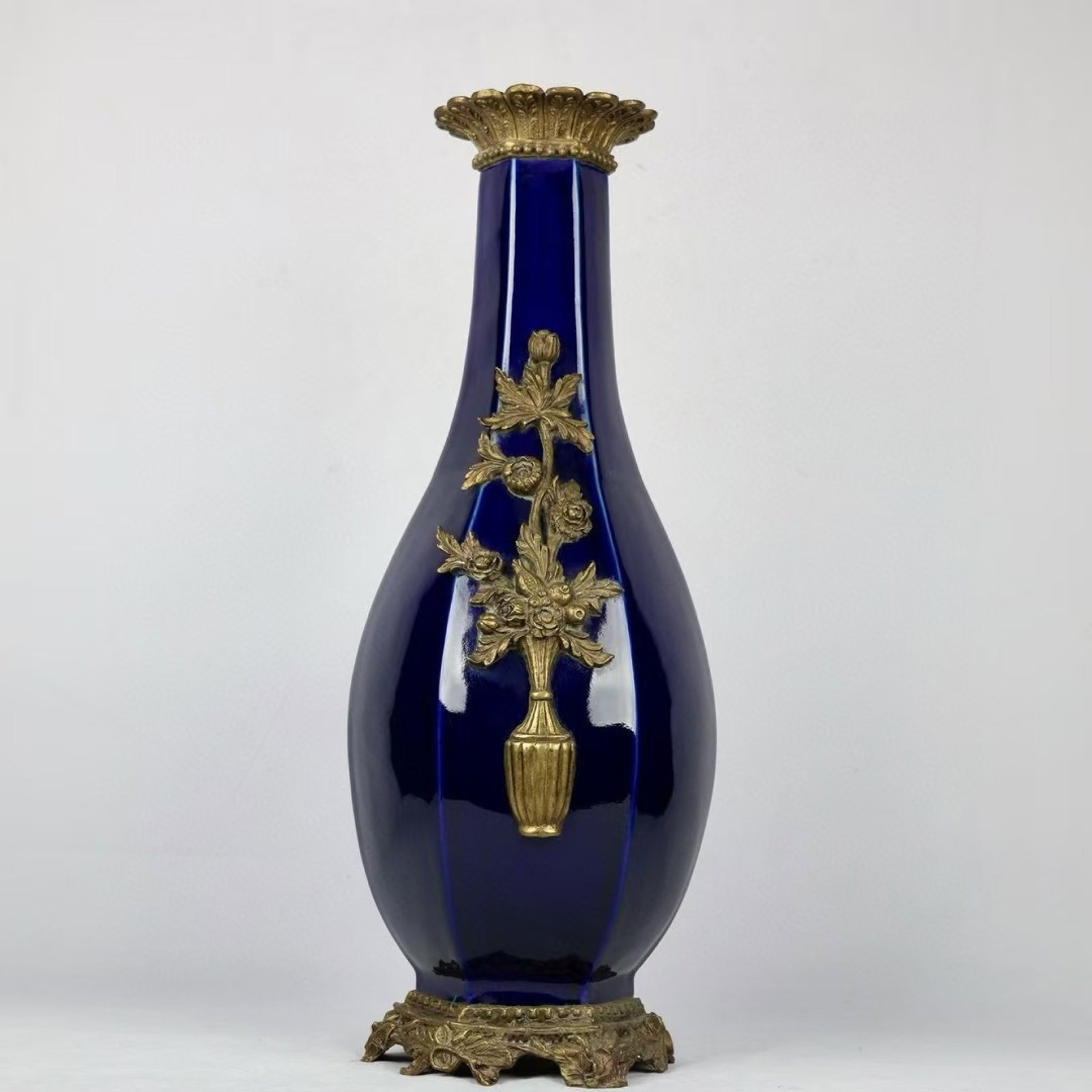 A Huge Sapphire Blue Glazed Inlaid Bronze Flower Pattern Vase: A Huge Sapphire Blue Glazed Inlaid Bronze Flower Pattern Vase,Qing Dynasty,China,Qianlong Six-character Mark,Size:24inx9.8in 宝石蓝釉镶铜花卉纹