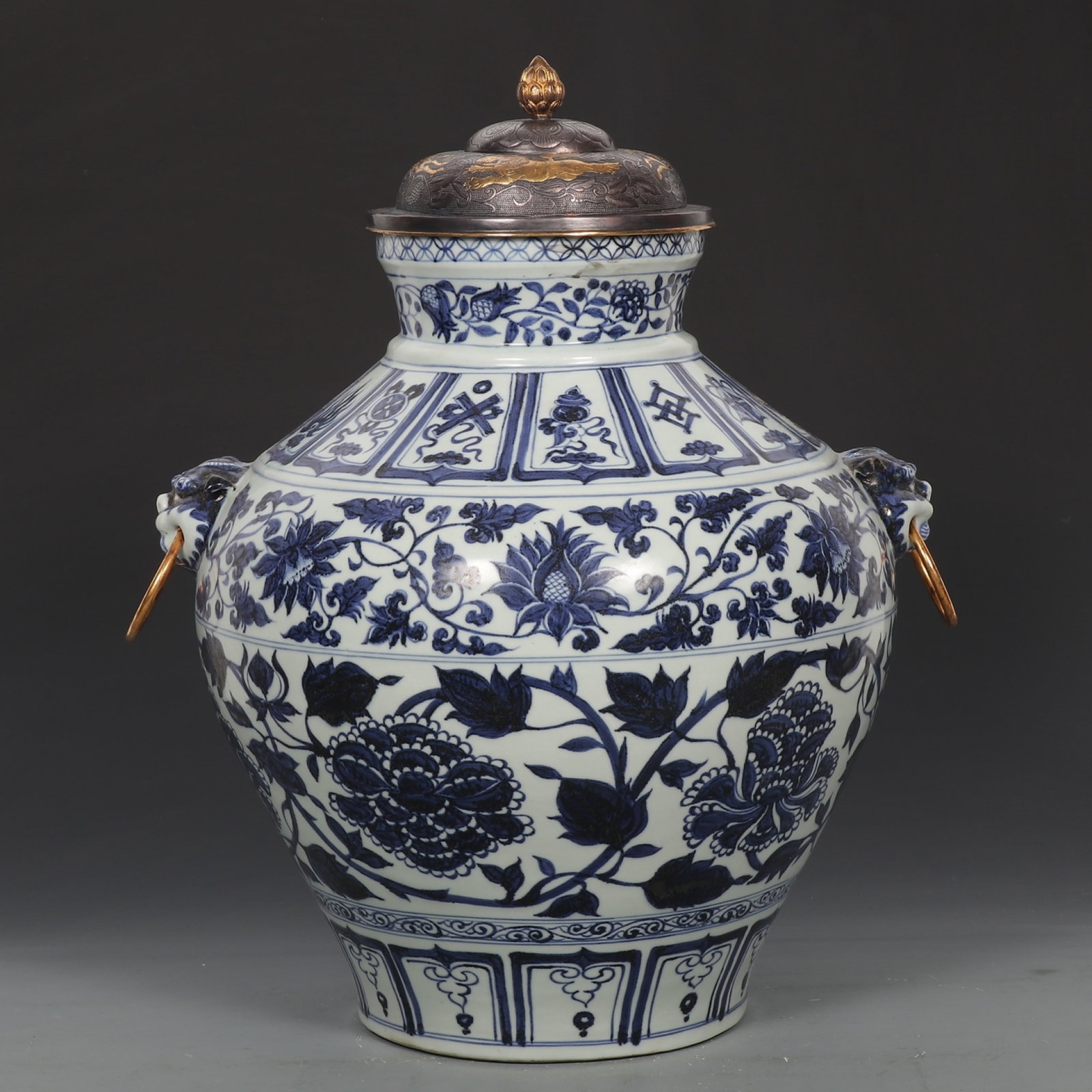 A Huge Blue and White Gilt Silver Lotus Pattern Beast-Ears Jar with Cover: A Huge Blue and White Gilt Silver Lotus Pattern Beast-Ears Jar with Cover,Yuan Dynasty,China,Size:19.3inx13in 青花银鎏金缠枝莲纹兽耳&#