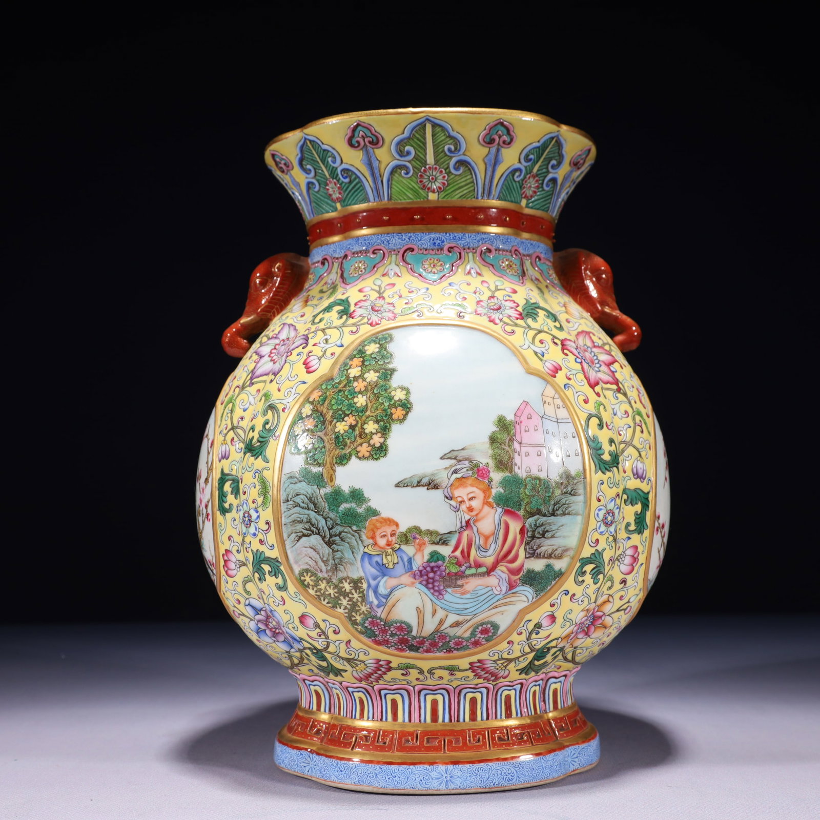 An Exquisite Enamel Painted Gold Character and Story Pattern Elephant-Ears Vase: An Exquisite Enamel Painted Gold Character and Story Pattern Elephant-Ears Vase,Qing Dynasty,China,Qianlong Six-character Mark,Size:7.1inx10.6in,Weight:2850g