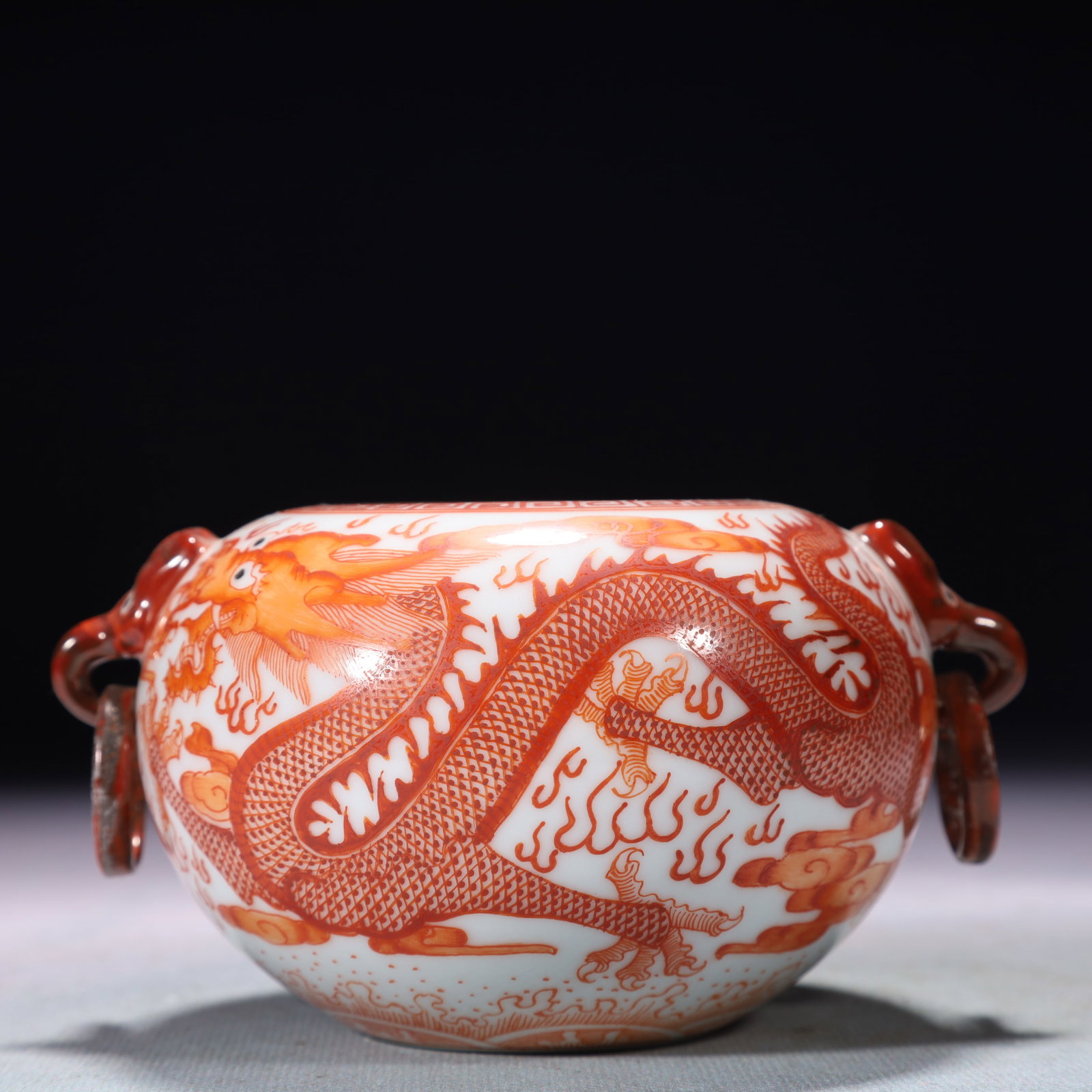An Exquisite Iron-Red Auspicious Cloud and Dragon Pattern Double-Ears Brush Washer: An Exquisite Iron-Red Auspicious Cloud and Dragon Pattern Double-Ears Brush Washer,Qing Dynasty,China,Qianlong Six-character Mark,Size:4.7inx3.9inx2.4in,Weight:500g
