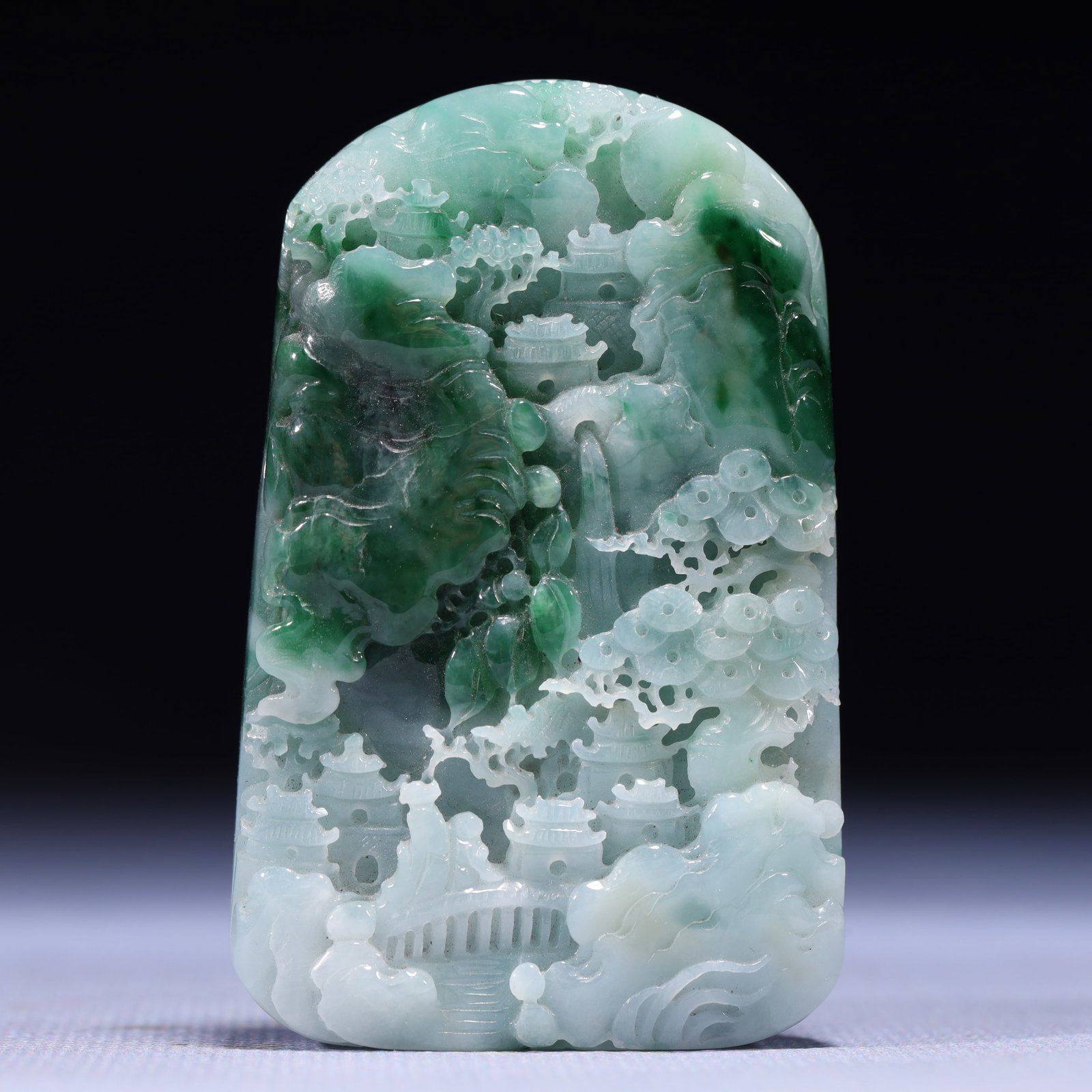 An Exquisite Jadeite Landscape Pattern Pendant: An Exquisite Jadeite Landscape Pattern Pendant,Qing Dynasty,China,Size:1.8inx0.4inx2.8in,Weight:94g 翡翠山水纹挂件,中国清代