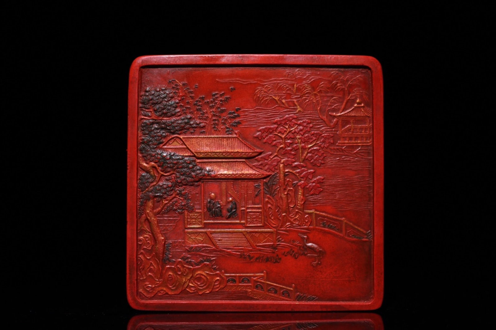An Exquisite Cinnabar Character and Story Pattern Ornament: An Exquisite Cinnabar Character and Story Pattern Ornament,Qing Dynasty,China,Size:5.5inx5.5inx0.8in,Weight:810g
