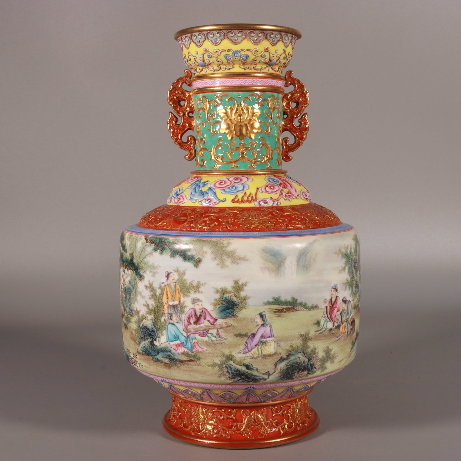 An Exquisite Famille-Rose Painted Gold Character and Story Pattern Double-Ears Vase: An Exquisite Famille-Rose Painted Gold Character and Story Pattern Double-Ears Vase,Qing Dynasty,China,Qianlong Six-character Mark,Size:10.6inx6.7in
