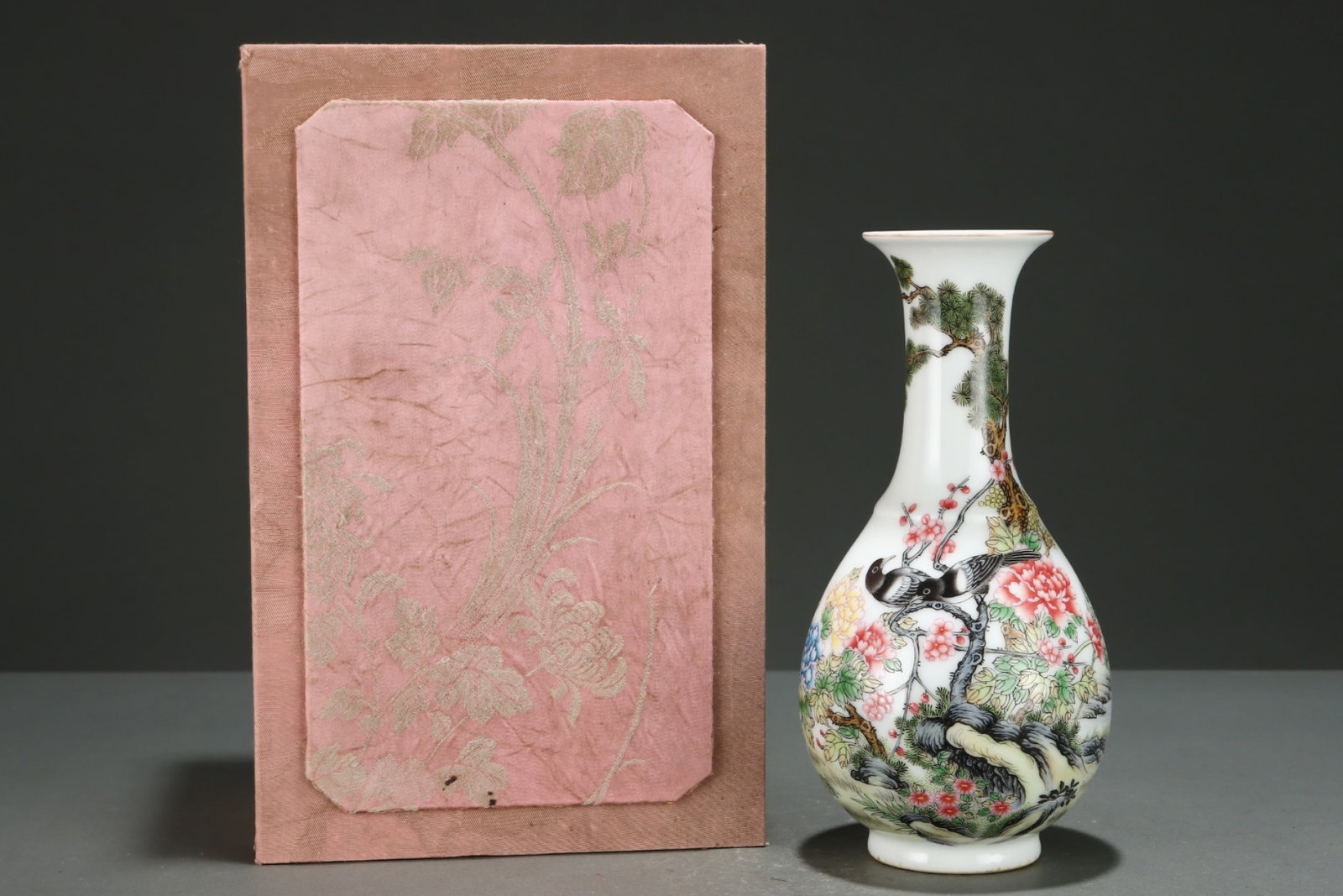 An Exquisite Famille-Rose Painted Gold Flower and Bird Pattern Vase,with poem: An Exquisite Famille-Rose Painted Gold Flower and Bird Pattern Vase,with poem,Qing Dynasty,China,Yongzheng Four-character Mark,Size:9.1inx4.4in