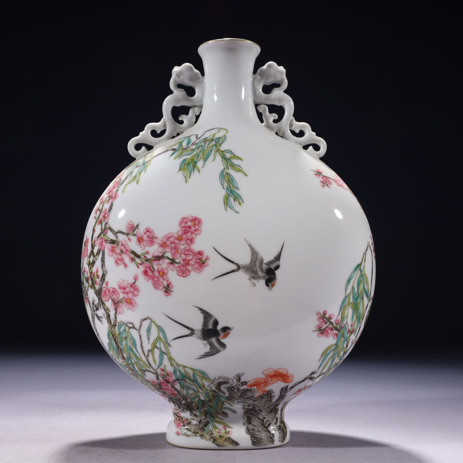 An Exquisite Famille-Rose Painted Gold Flower and Bird Pattern Double-Ears Vase,with poem: An Exquisite Famille-Rose Painted Gold Flower and Bird Pattern Double-Ears Vase,with poem,Qing Dynasty,China,Yongzheng Four-character Mark,Size:7.9inx3.5inx11in,Weight:1700g