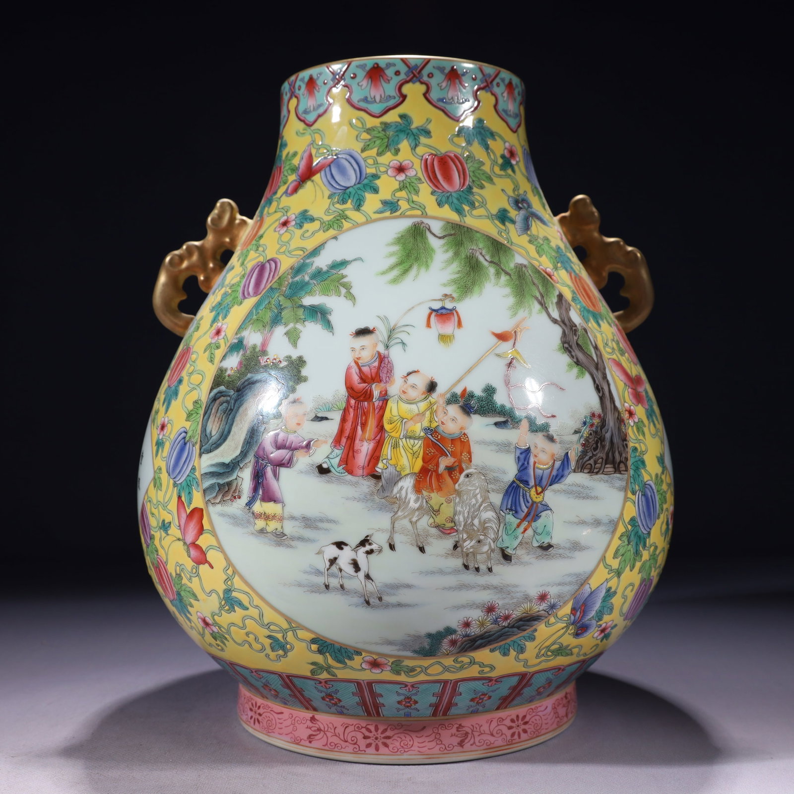 An Exquisite Yellow Ground Famille-Rose Painted Gold Character and Story Pattern Double-Ears: An Exquisite Yellow Ground Famille-Rose Painted Gold Character and Story Pattern Double-Ears Vase,with poem,Qing Dynasty,China,Yongzheng Six-character Mark,Size:9.4inx13.8in,Weight:4550g 黄ß