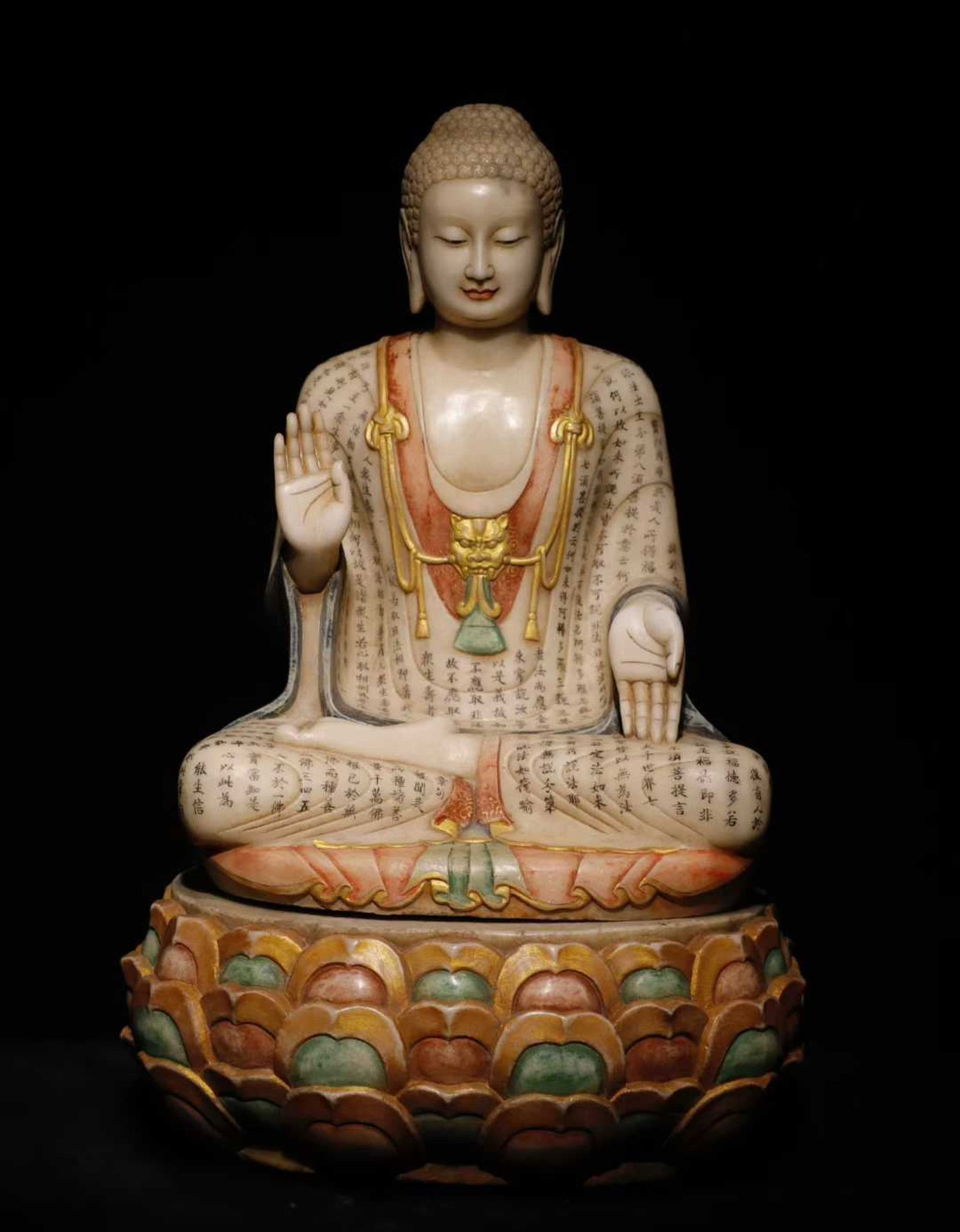 A Solemn Marble Painted Color Statue of Sakyamuni,With Scriptures: A Solemn Marble Painted Color Statue of Sakyamuni,With Scriptures,Tang Dynasty,China,Size:34.6inx23.6inx18.9in