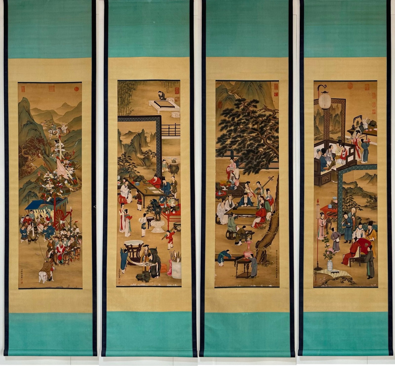 A Set of Chinese Vertical Scroll Ink Painting of Character and Story on Silk: A Set of Chinese Vertical Scroll Ink Painting of Character and Story on Silk,Chen Mei,Size:(entirety)92.9inx22.8in,(Without frame)51.2inx15.7in