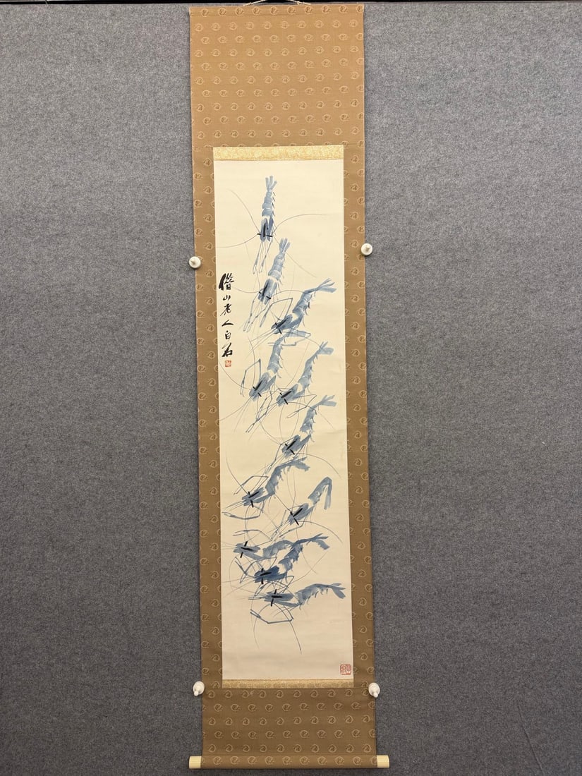 A Chinese Vertical Scroll Ink Painting of Shrimp and Crab on Paper: A Chinese Vertical Scroll Ink Painting of Shrimp and Crab on Paper,Qi Baishi,Size:52.8inx13in 一幅中国水墨虾画立轴,齐白石