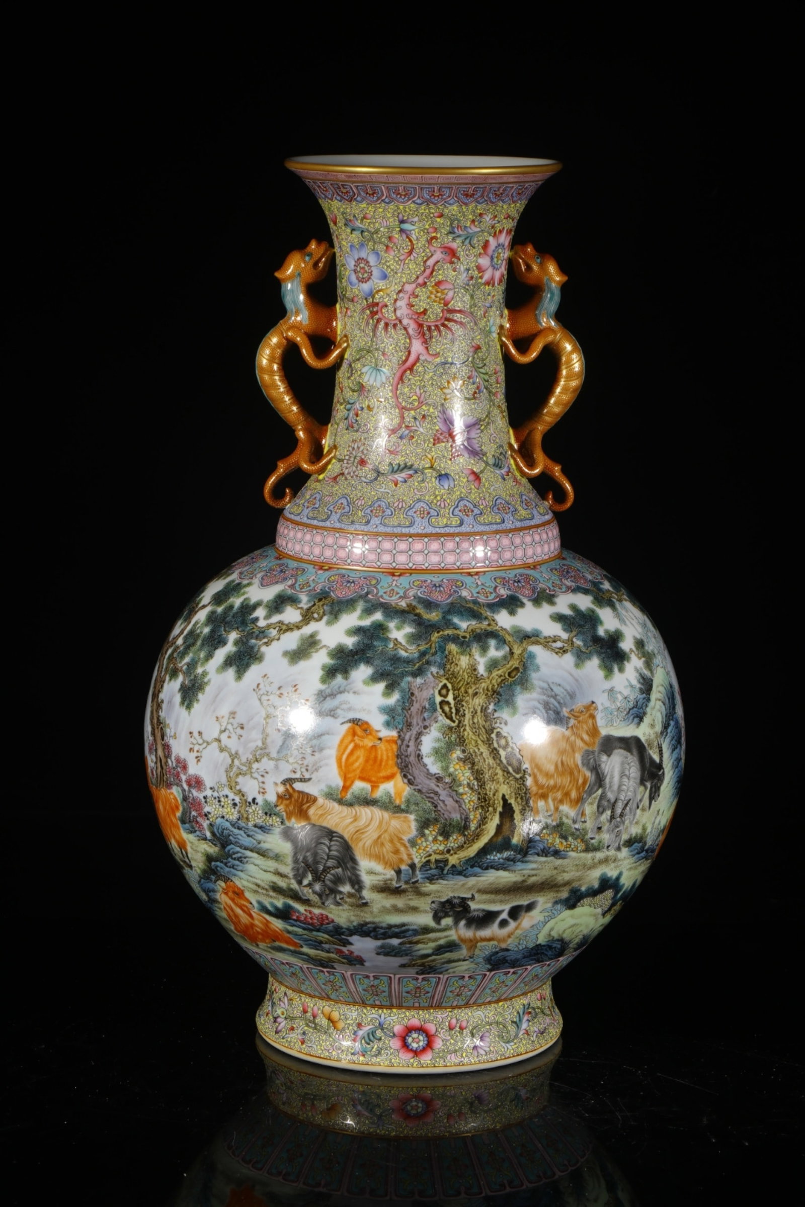 A Huge Enamel Painted Gold Sheep Pattern Double-Ears Vase: A Huge Enamel Painted Gold Sheep Pattern Double-Ears Vase,Qing Dynasty,China,Qianlong Six-character Mark,Size:16.1inx5.5in 珐琅彩描金羊纹双耳ī