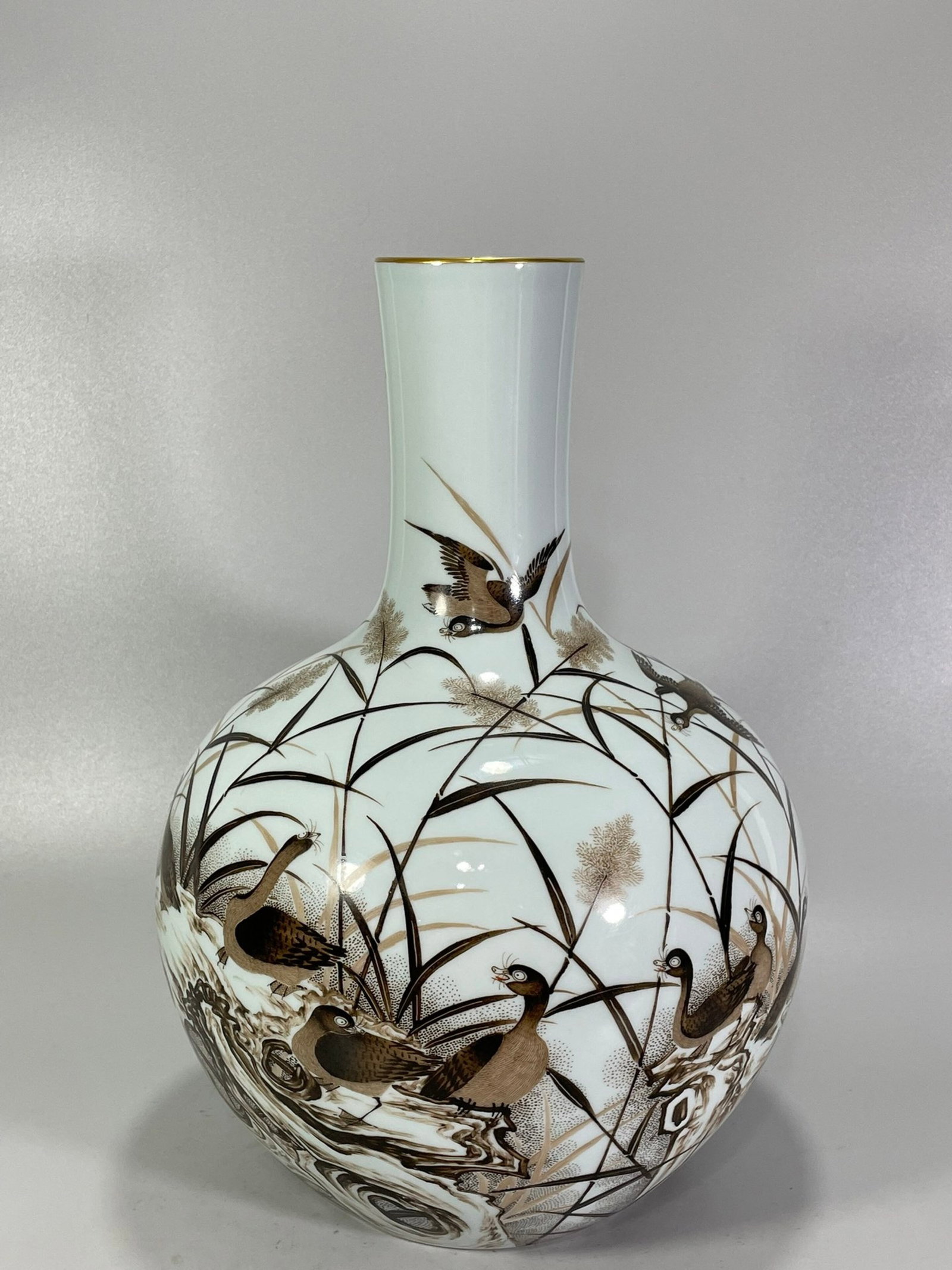 A Rare Ink Color Painted Gold Reed Goose Pattern Vase,with poem: A Rare Ink Color Painted Gold Reed Goose Pattern Vase,with poem,Qing Dynasty,China,Qianlong Six-character Mark,Size:14.2inx10.2in
