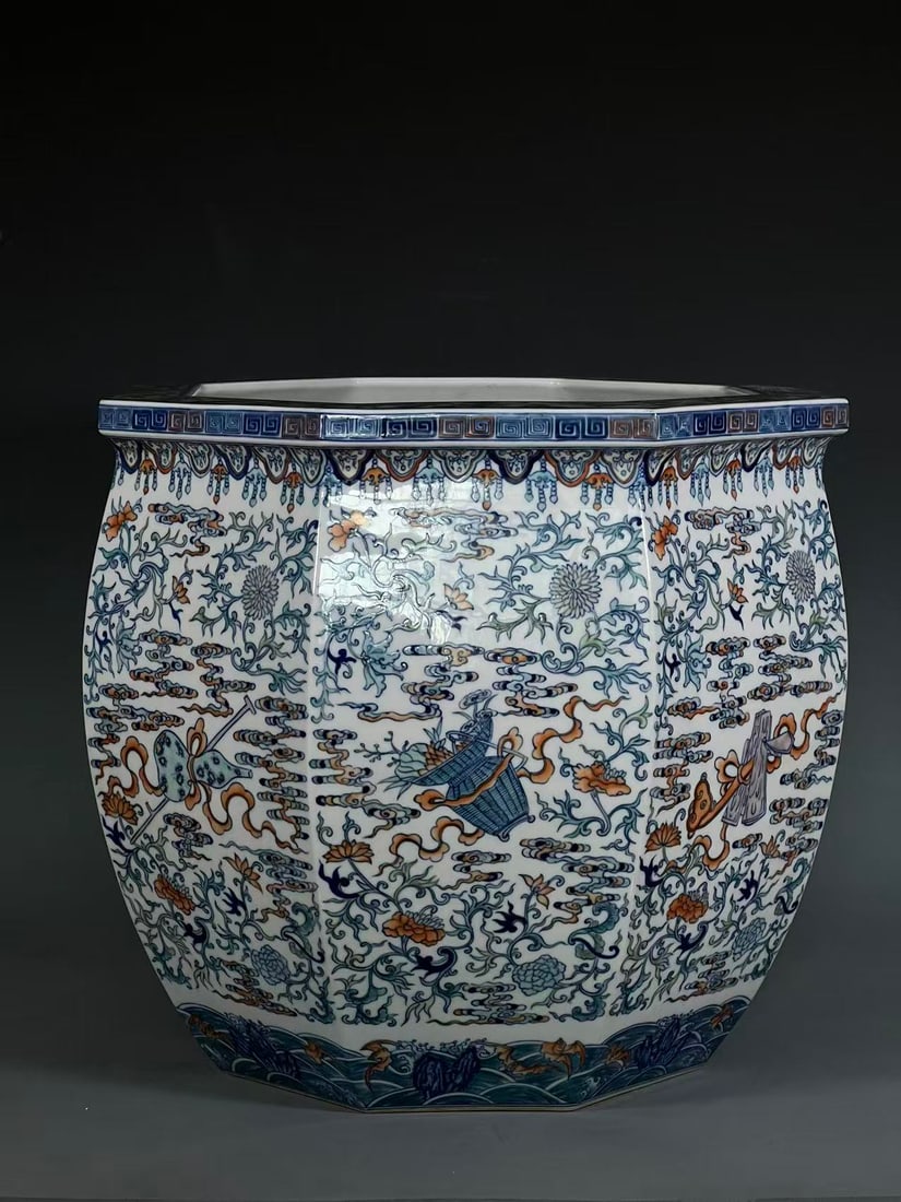 A Rare Doucai Lotus,Auspicious Cloud and Eight Treasures Pattern Vat: A Rare Doucai Lotus,Auspicious Cloud and Eight Treasures Pattern Vat,Qing Dynasty,China,Yongzheng Six-character Mark,Size:14.2inx15inx10in