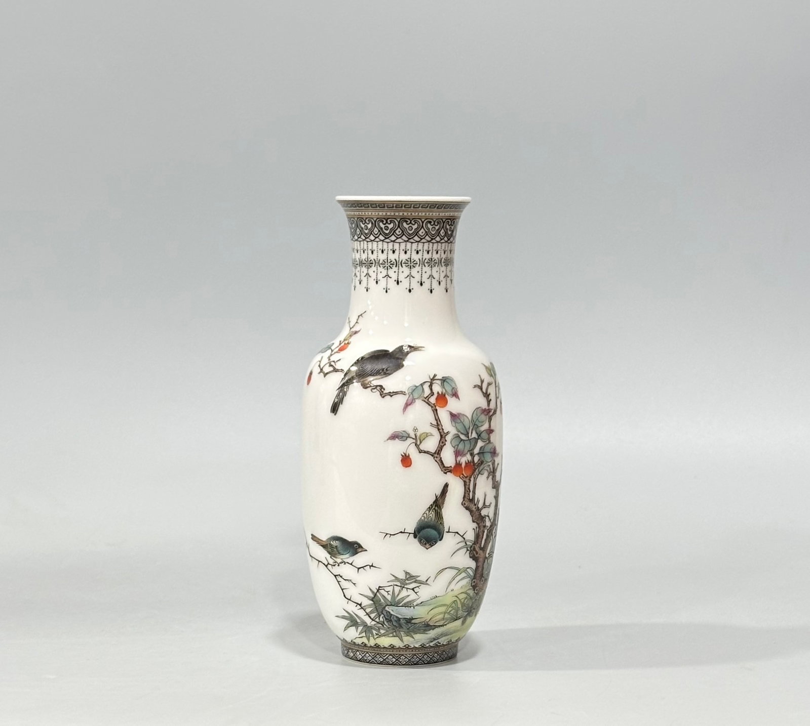 An Exquisite Enamel Flower and Bird Pattern Vase,with poem: An Exquisite Enamel Flower and Bird Pattern Vase,with poem,Qing Dynasty,China,Qianlong Four-character Mark,Size:5.5inx2.4in 珐琅彩花鸟纹瓶,带诗