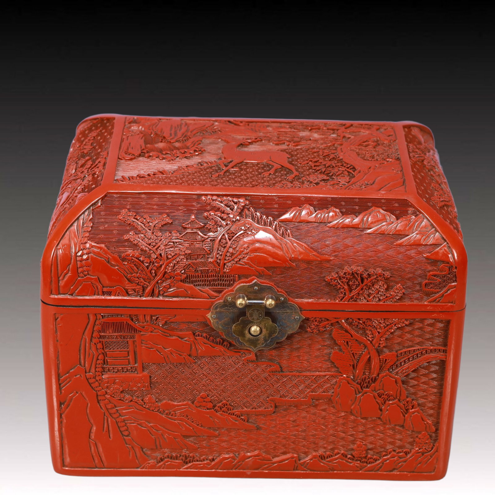A Rare Carved Red Lacquer Landscape Pattern Box: A Rare Carved Red Lacquer Landscape Pattern Box,Qing Dynasty, China,Qianlong Six-character Mark,Size:12.2inx9.4inx9.8in,Weight:4250g 剔红漆器山水纹箱,&#