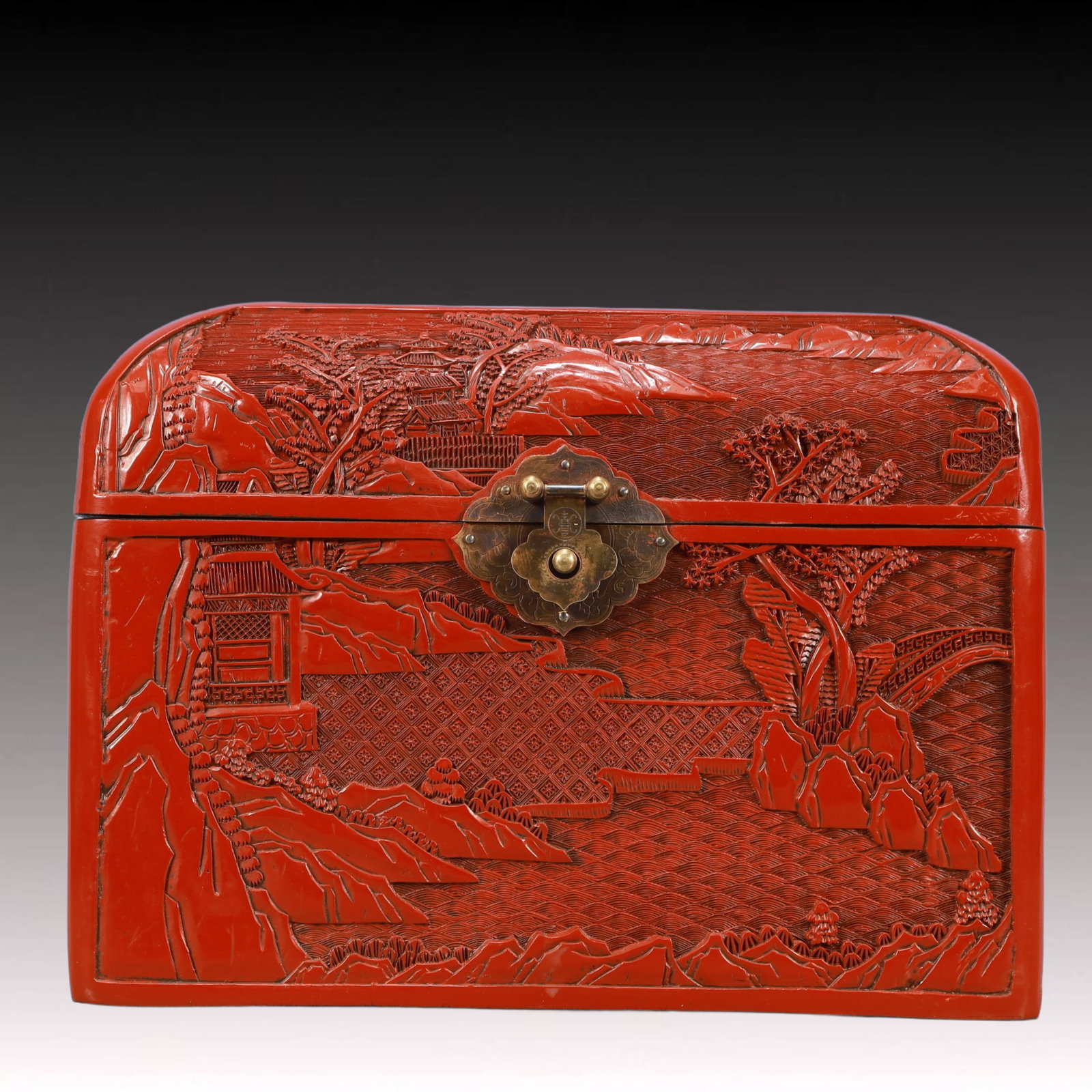 A Rare Carved Red Lacquer Landscape Pattern Box - 2