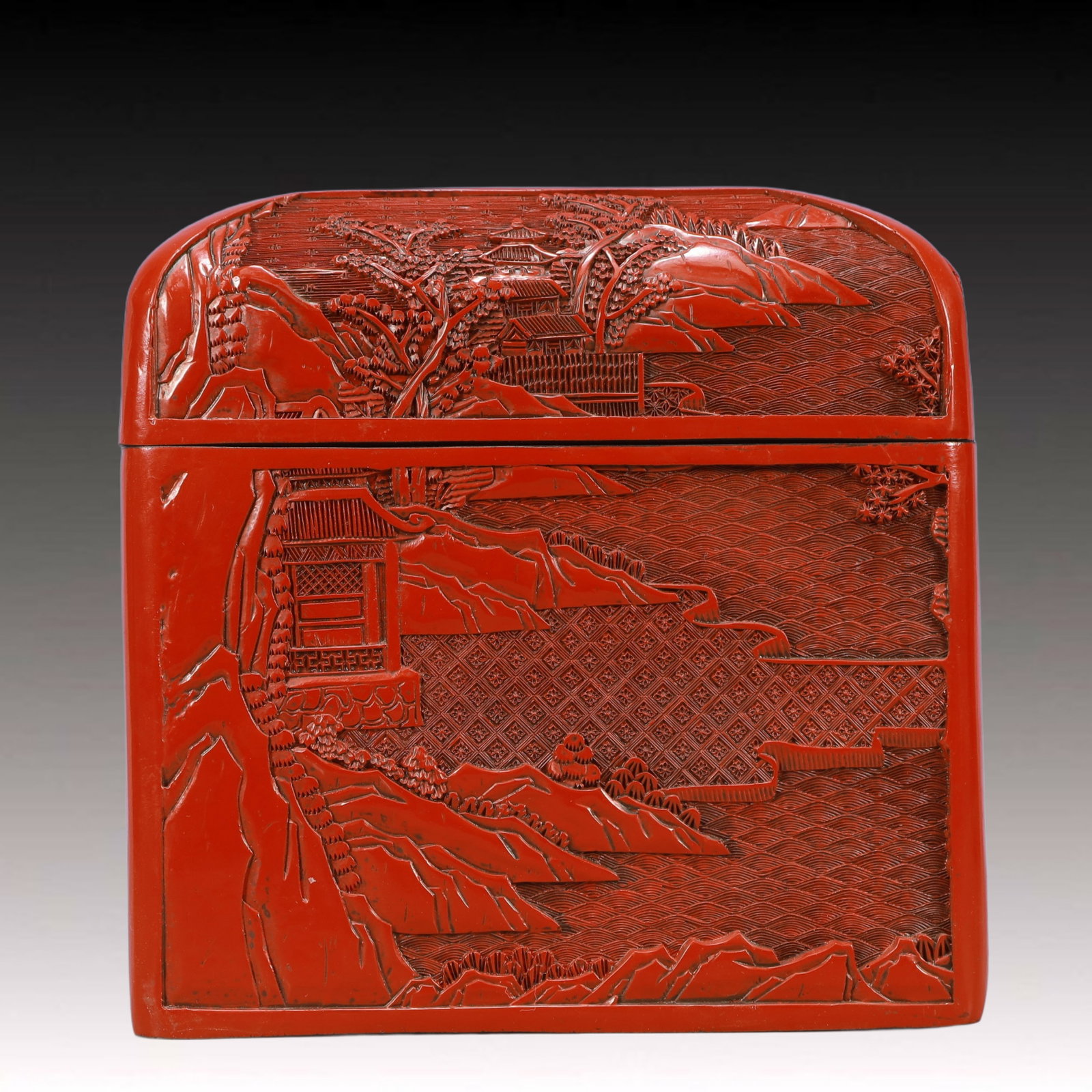 A Rare Carved Red Lacquer Landscape Pattern Box - 3