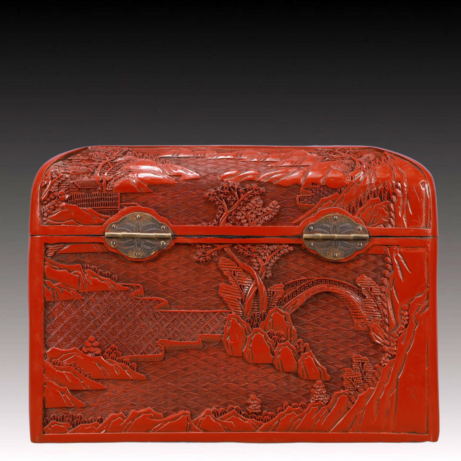 A Rare Carved Red Lacquer Landscape Pattern Box - 4