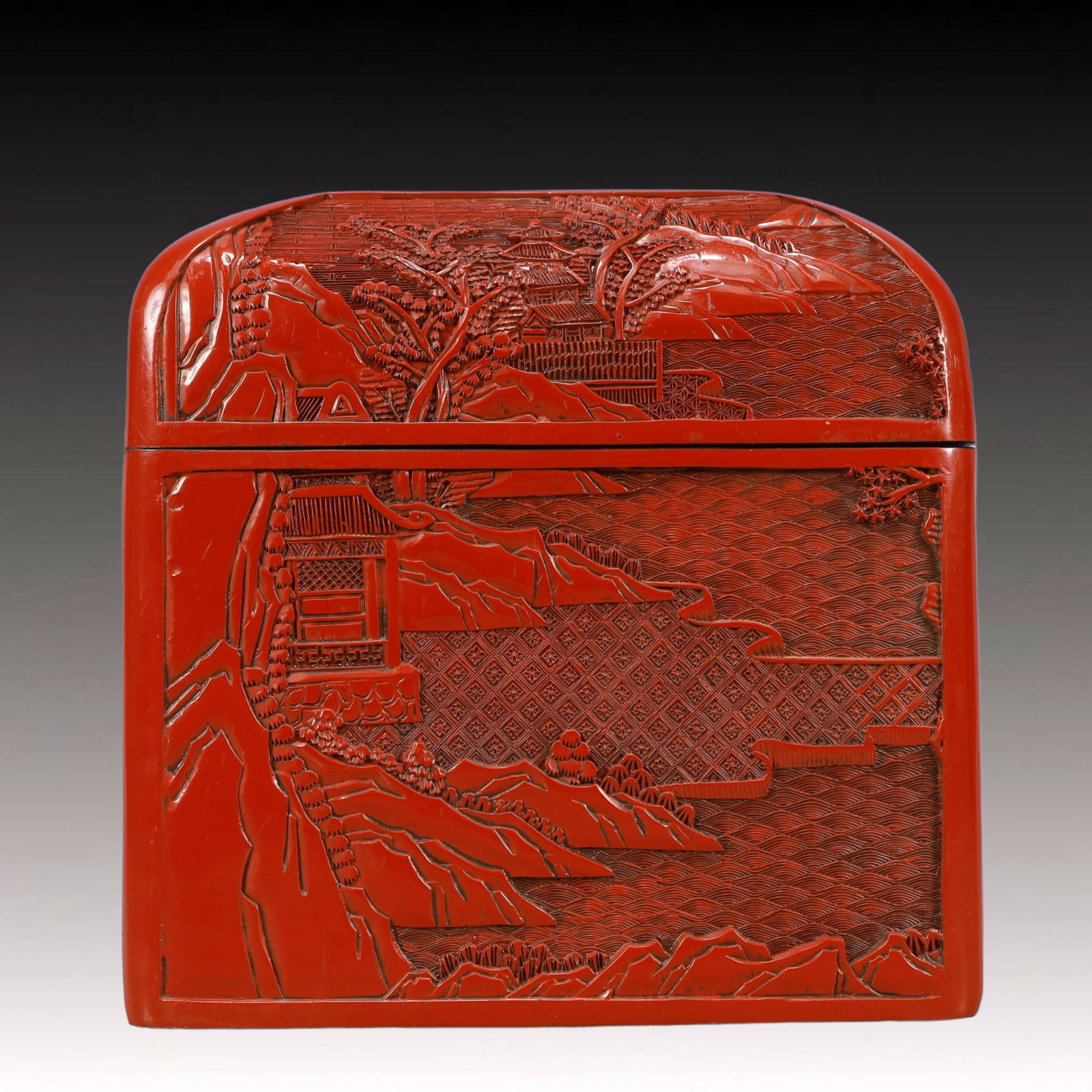 A Rare Carved Red Lacquer Landscape Pattern Box - 5