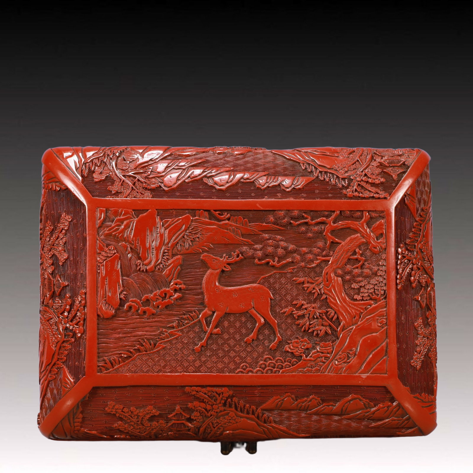 A Rare Carved Red Lacquer Landscape Pattern Box - 6