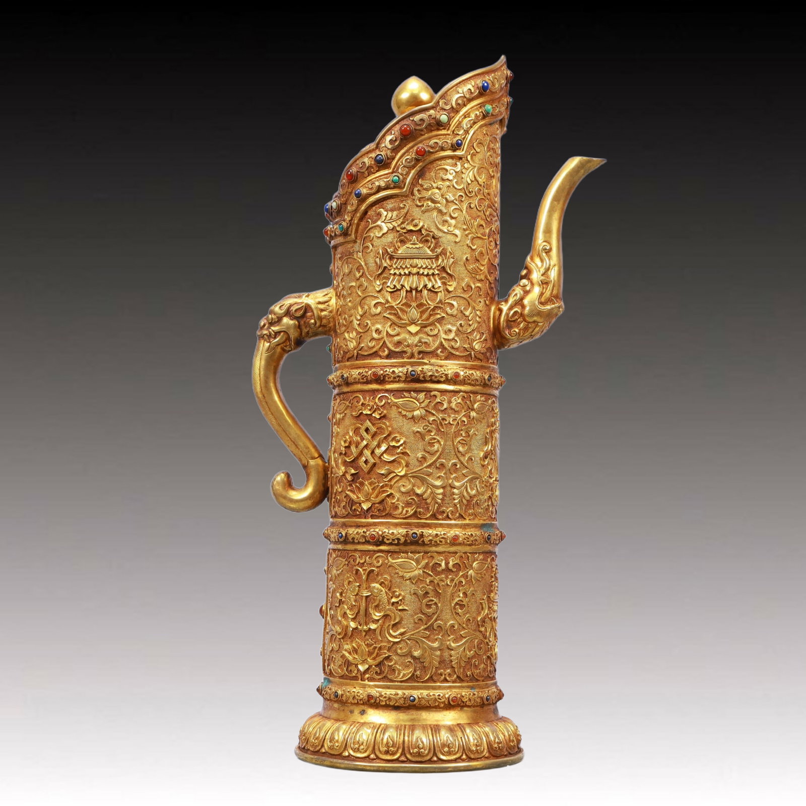 A Rare Gilt Bronze Eight Treasures Pattern Ewer,Inlaid Turquoise: A Rare Gilt Bronze Eight Treasures Pattern Ewer,Inlaid Turquoise,Qing Dynasty, China,Qianlong Four-character Mark,Size:8.3inx5.1inx15.7in,Weight:2950g 铜鎏金八宝纹&