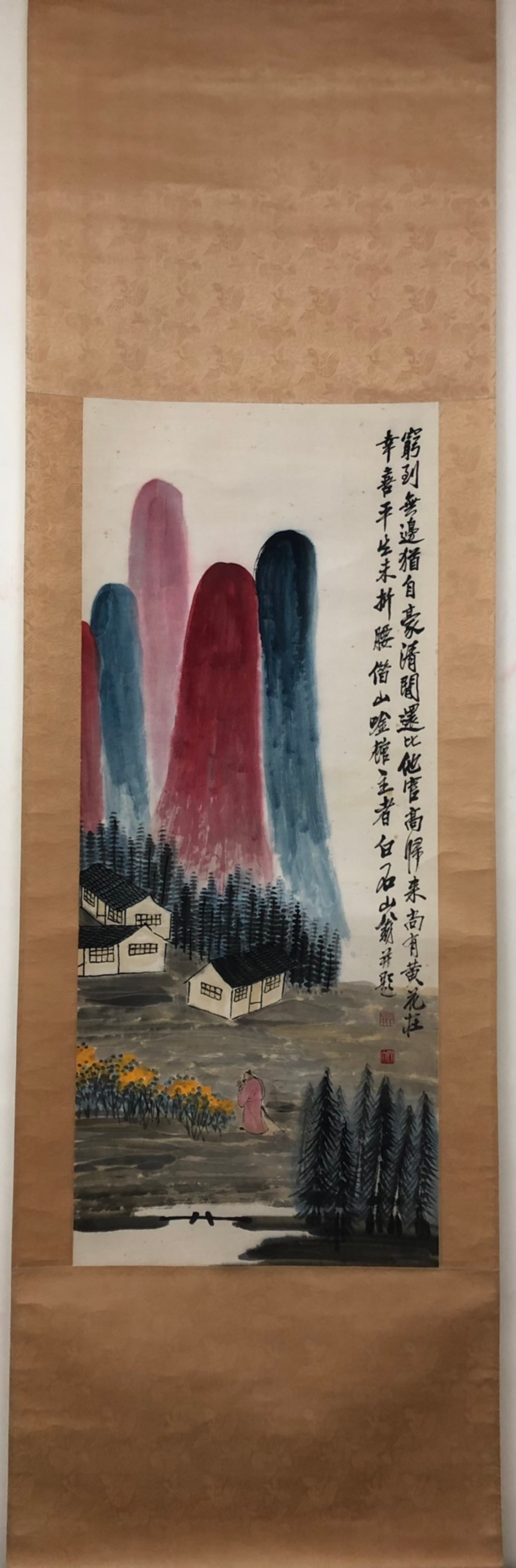 A Chinese Vertical Scroll Ink Painting of Landscape on Paper: A Chinese Vertical Scroll Ink Painting of Landscape on Paper,Qi Baishi,Size:37.4inx15.4in 一幅中国水墨山水画立轴,齐白ĳ