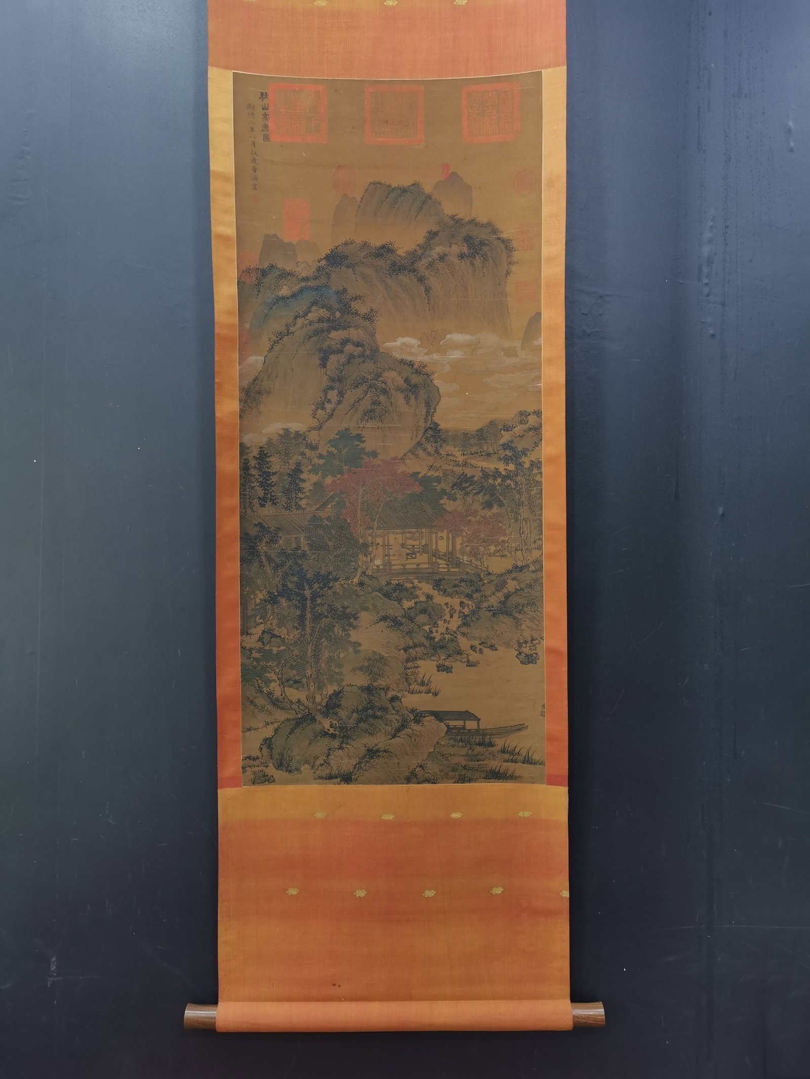 A Chinese Vertical Scroll Ink Painting of Landscape and Figure on Silk: A Chinese Vertical Scroll Ink Painting of Landscape and Figure on Silk,Dong Yuan,Size:40.6inx17.3in 一幅中国水墨绢本山水人物